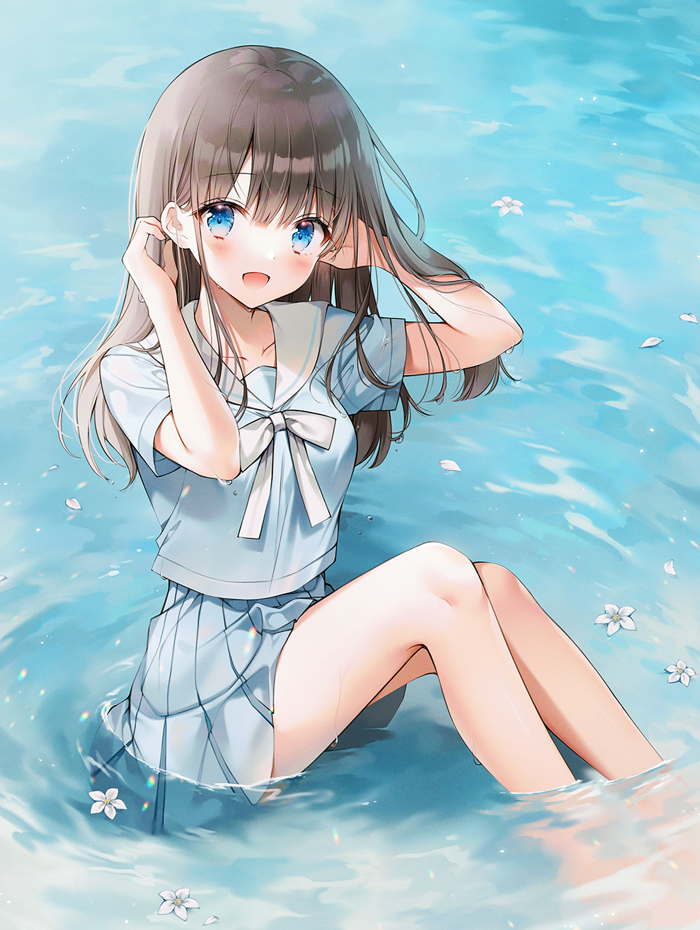 Anime 989x1314 anime anime girls in water water school uniform dark hair blue eyes artwork Weri