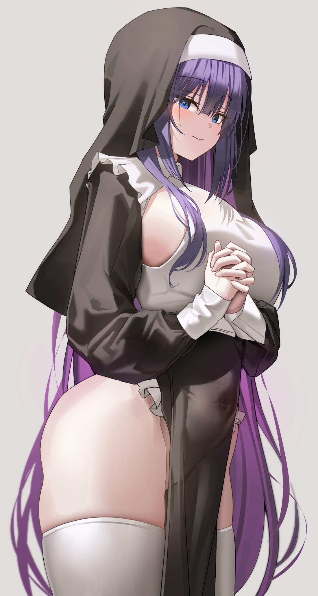Anime 1100x2063 K pring anime girls purple hair nun outfit thighs sideboob big boobs white stockings