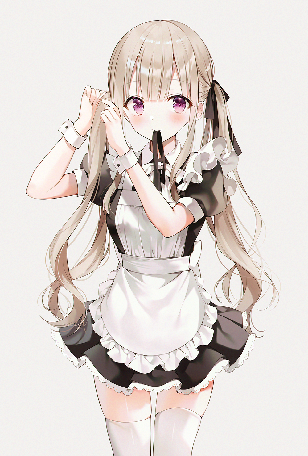 Anime 999x1477 anime anime girls maid maid outfit white background simple background twintails ash blonde purple eyes thigh-highs artwork Weri