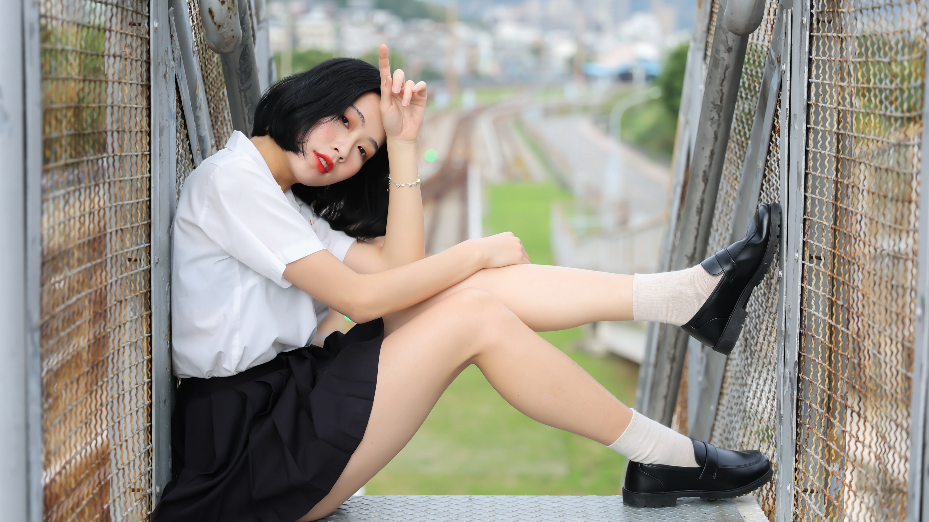 People 3840x2160 Asian women model sitting black hair makeup red lipstick looking at viewer thighs legs skirt women outdoors