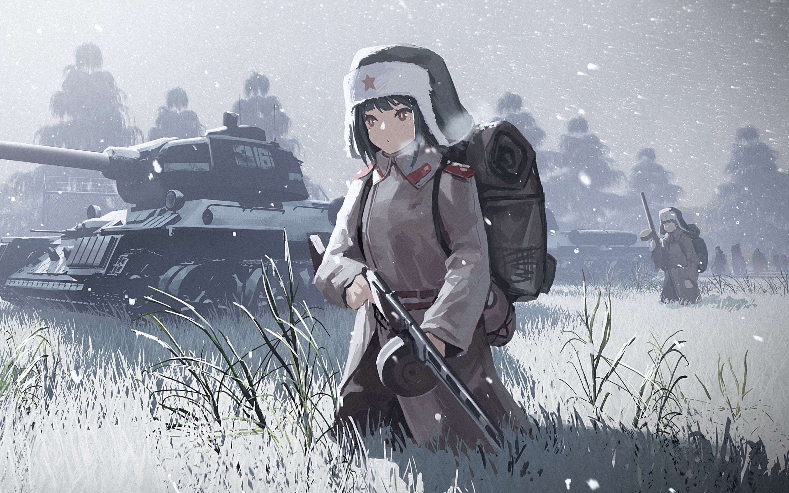 Anime 2560x1600 anime girls military World War II Soviet Army T-34 PPSh-41 backpacks ushanka snow uniform tank submachine gun artwork Doitsu no Kagaku