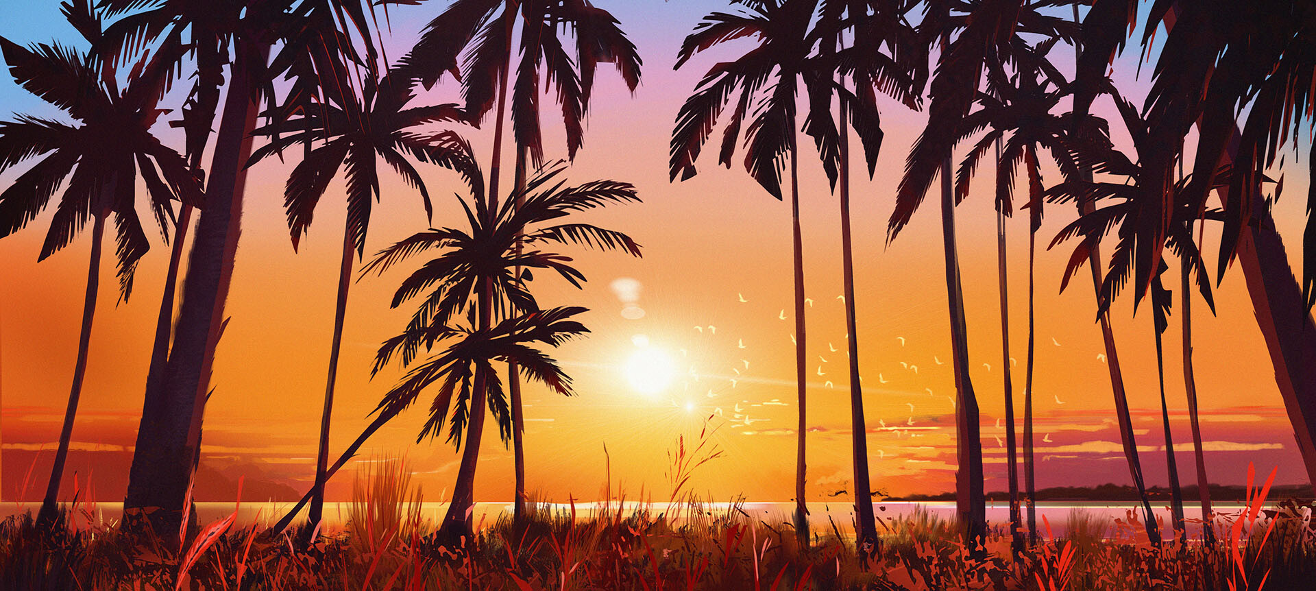 General 1920x862 ArtStation digital art sunset 2D palm trees concept art Judith de Repentigny