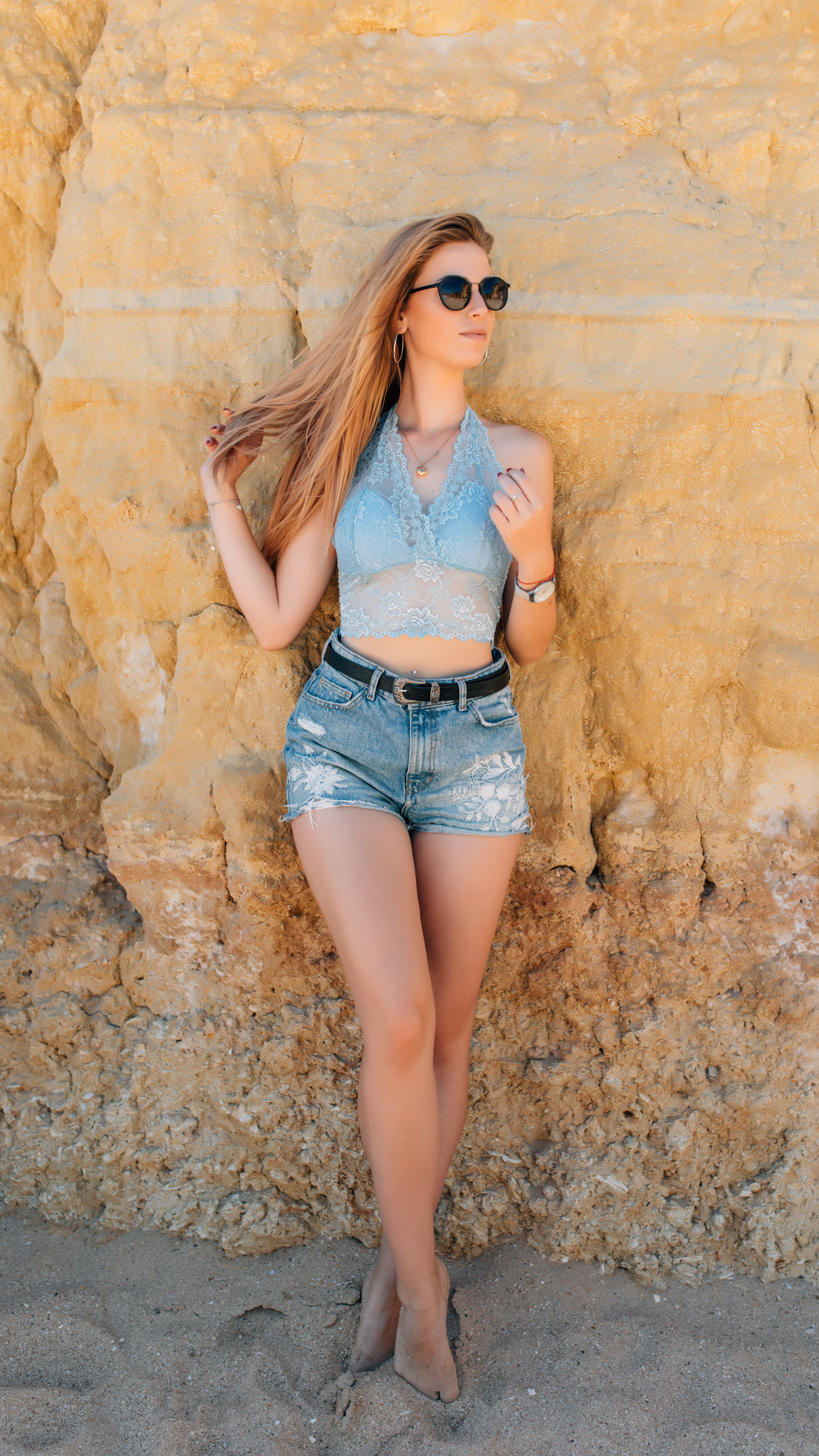 People 2516x4473 model women women with shades sand barefoot looking away long hair wristwatch standing outdoors women outdoors sunglasses legs pointed toes