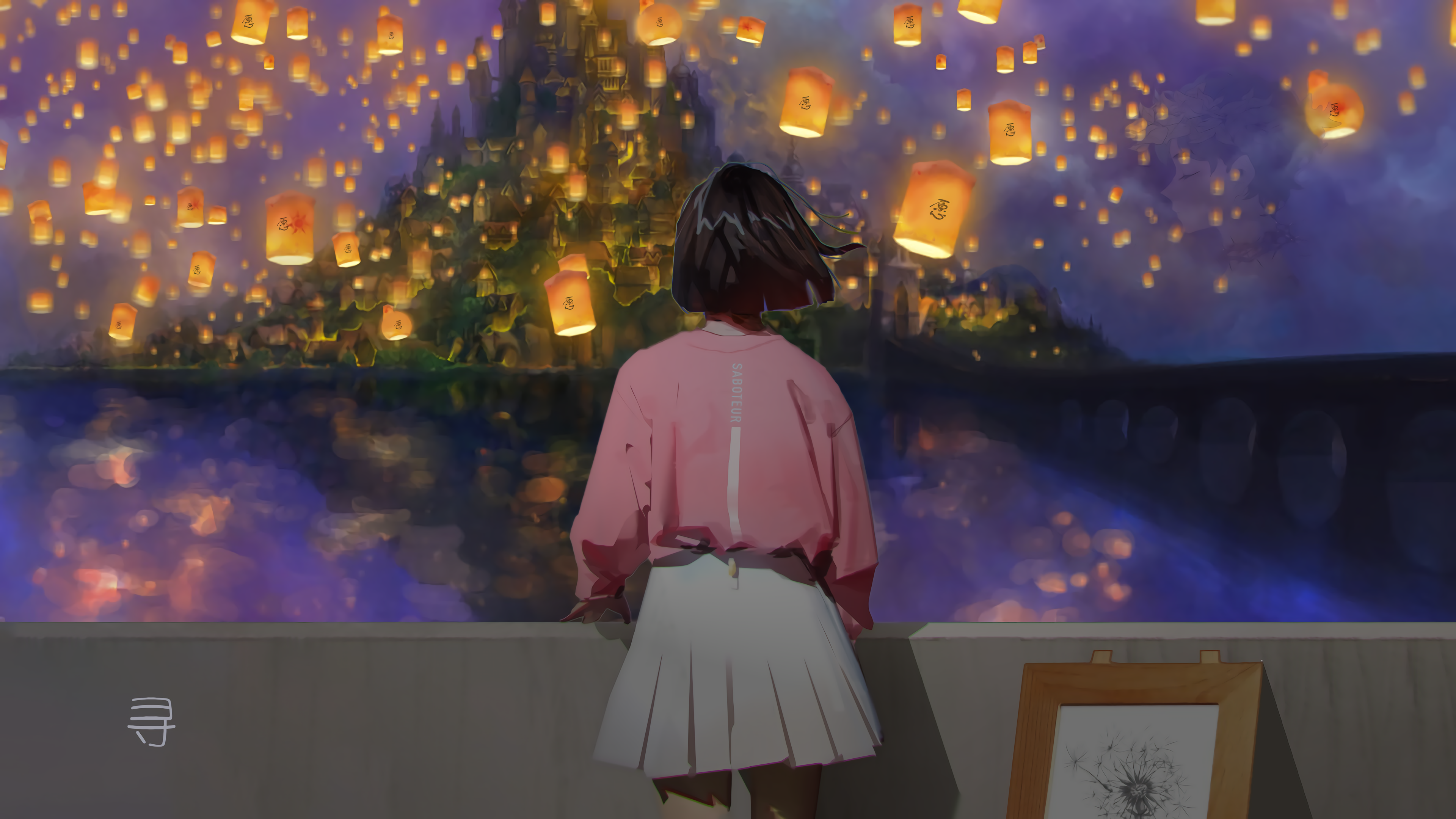 Anime 3840x2160 short hair dark hair anime standing night lanterns lantern