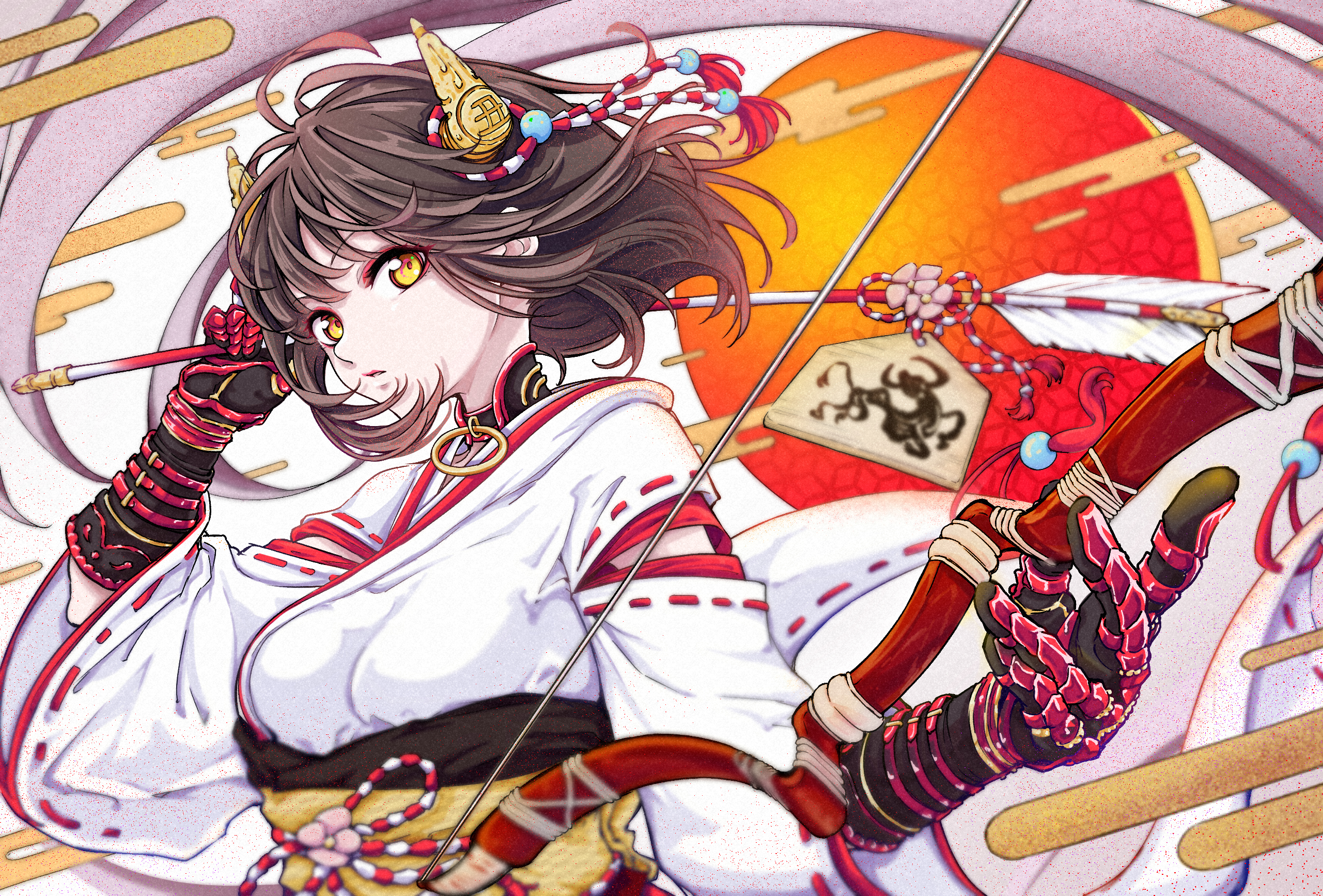 Anime 2561x1735 anime anime girls yellow eyes bow kimono arrows gloves brunette looking at viewer flowers short hair horns