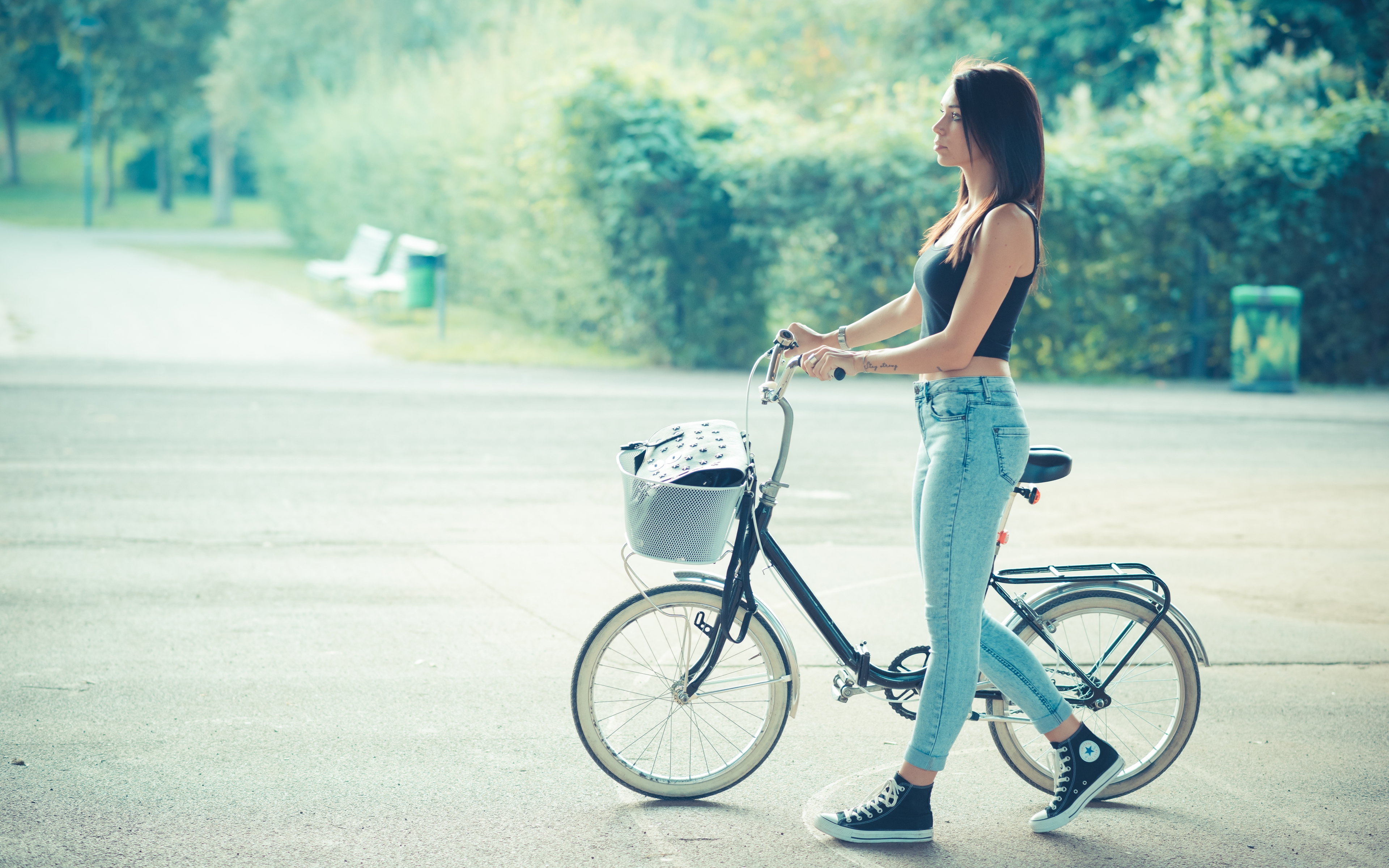 People 3840x2400 women women with bicycles bicycle crop top long hair brunette bare midriff Converse 4K no socks sneakers tattoo