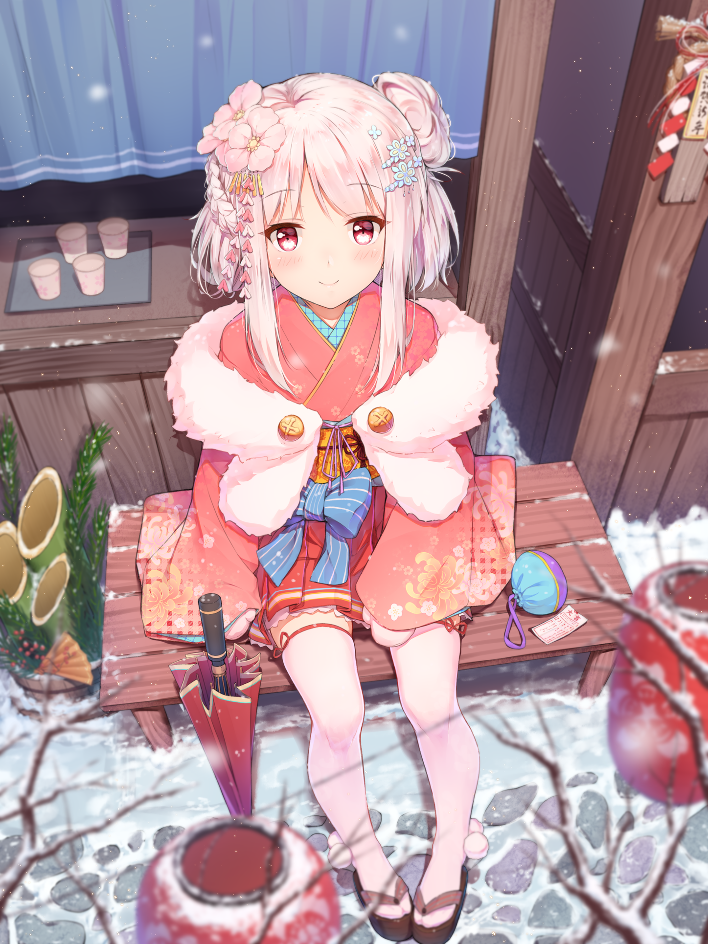 Anime 1447x1930 New Year anime anime girls kimono Shenhai smiling pink hair red eyes snow high angle