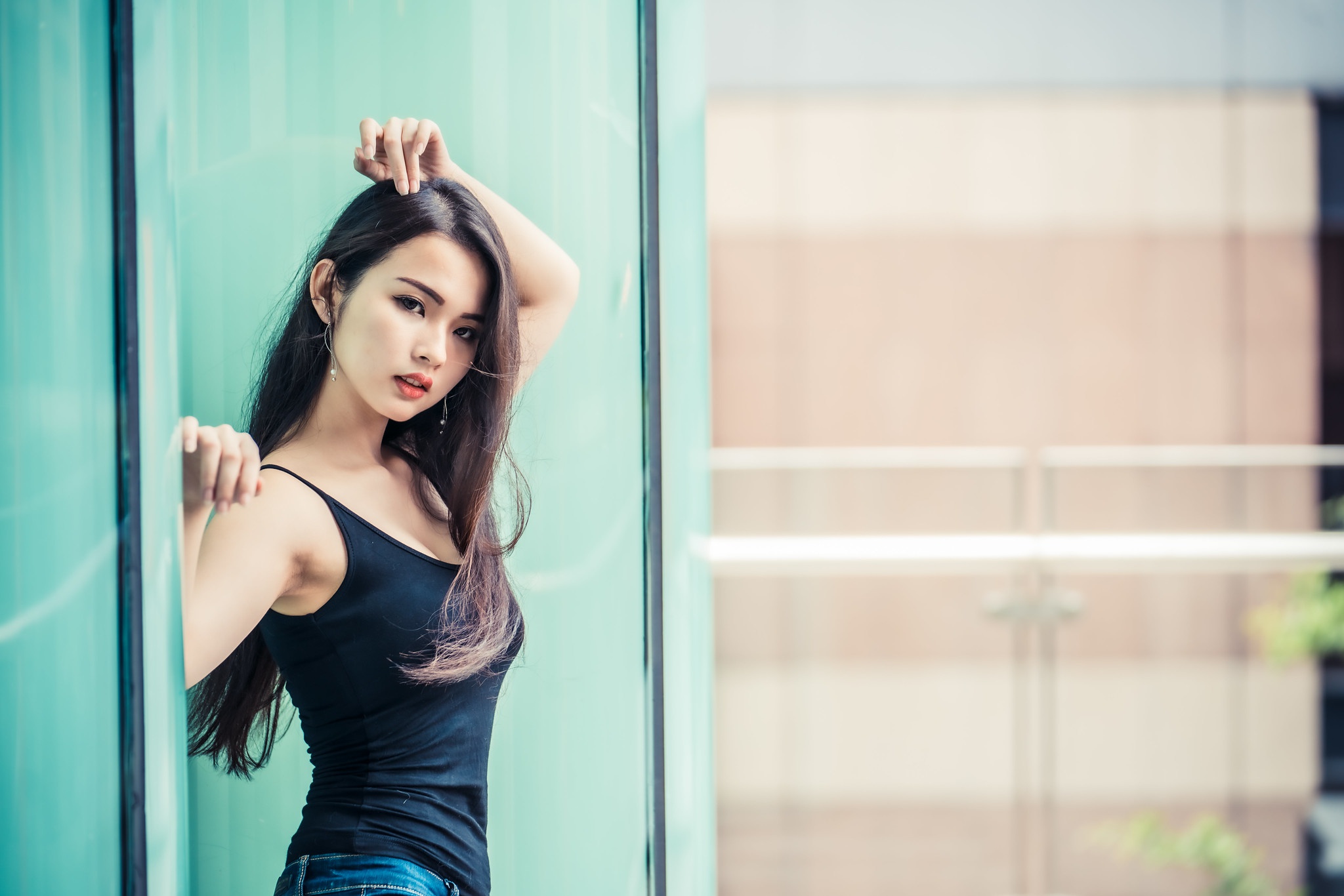 People 2048x1366 Asian model women long hair brunette depth of field leaning jeans black shirt