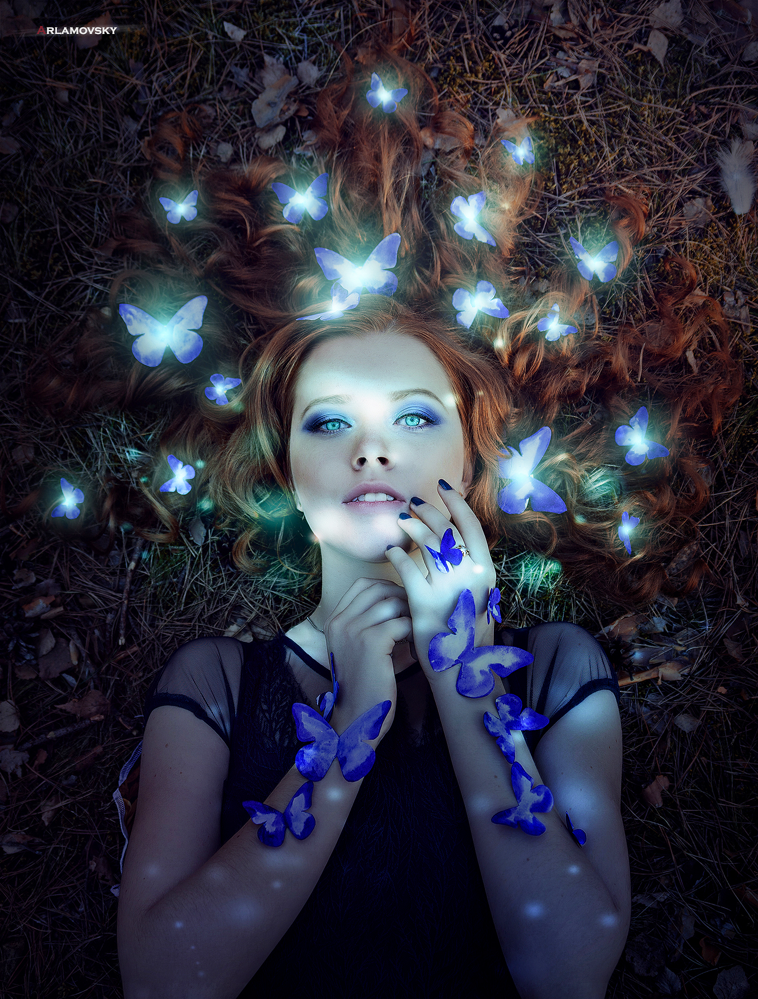 People 1518x2000 arlamovsky women women outdoors retouching forest photography photoshopped brunette blue eyes lying down portrait face hair   butterfly watermarked portrait display