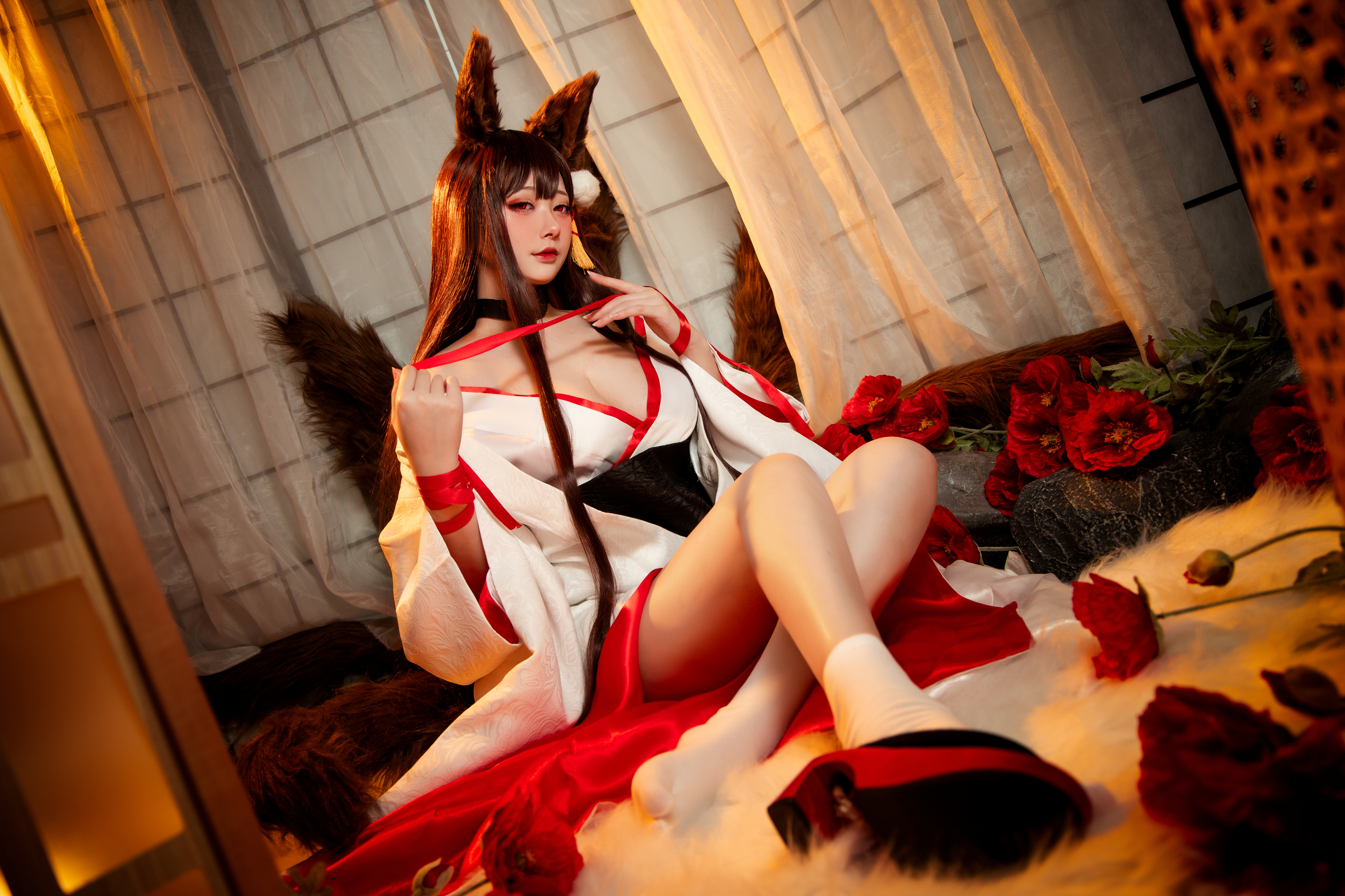 People 6720x4480 women model Akagi (Azur Lane) Azur Lane fantasy girl fox girl fox ears tail kimono looking at viewer flowers brunette long hair red eyes red lipstick ribbon parted lips cleavage socks sandals sitting legs crossed choker studio indoors women indoors white socks short socks shoes off on the floor pointed toes removing shoes NiannianD Asian cosplay