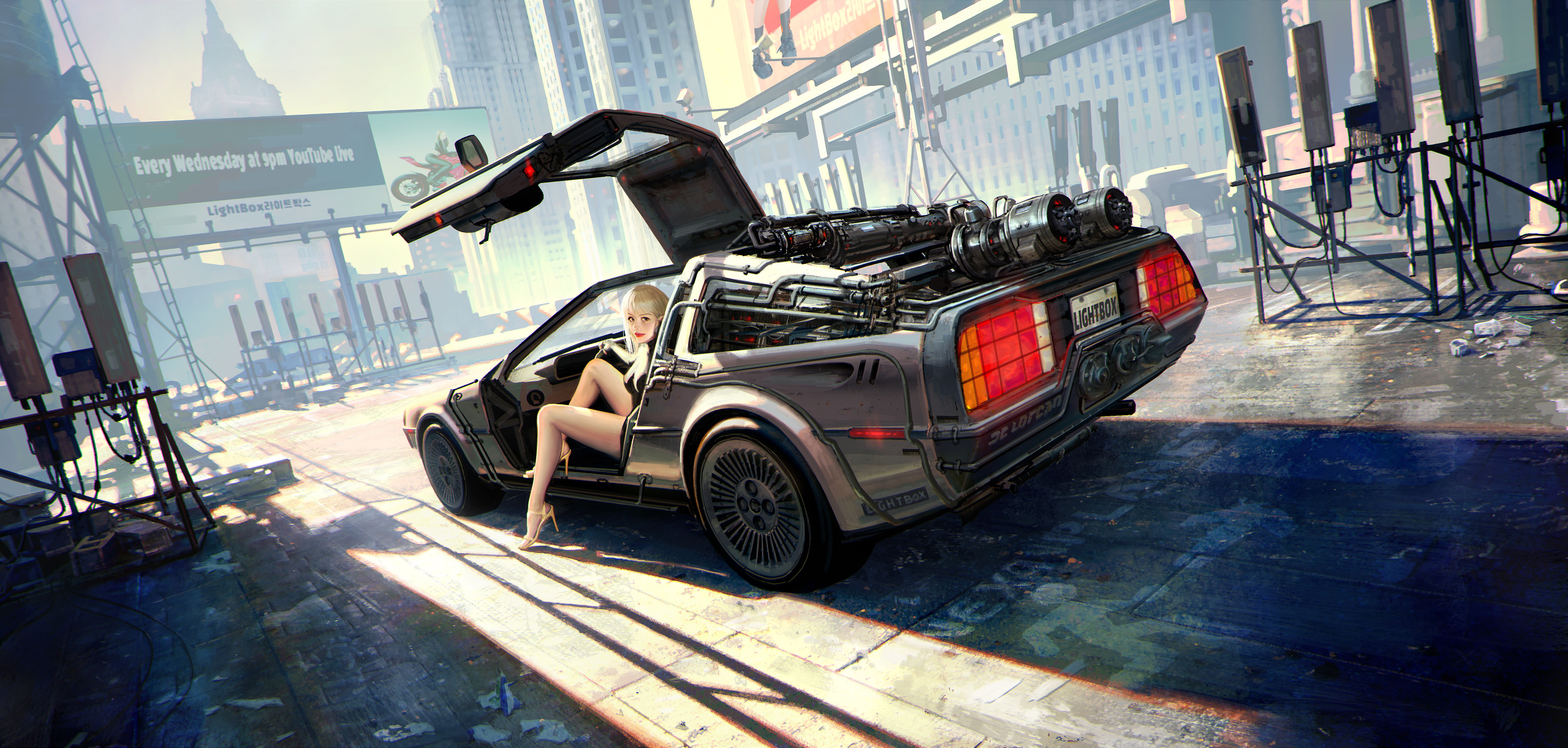 General 3840x1831 DeLorean car artwork women with cars vehicle time travel Time Machine fan art women heels blonde legs looking at viewer silver cars