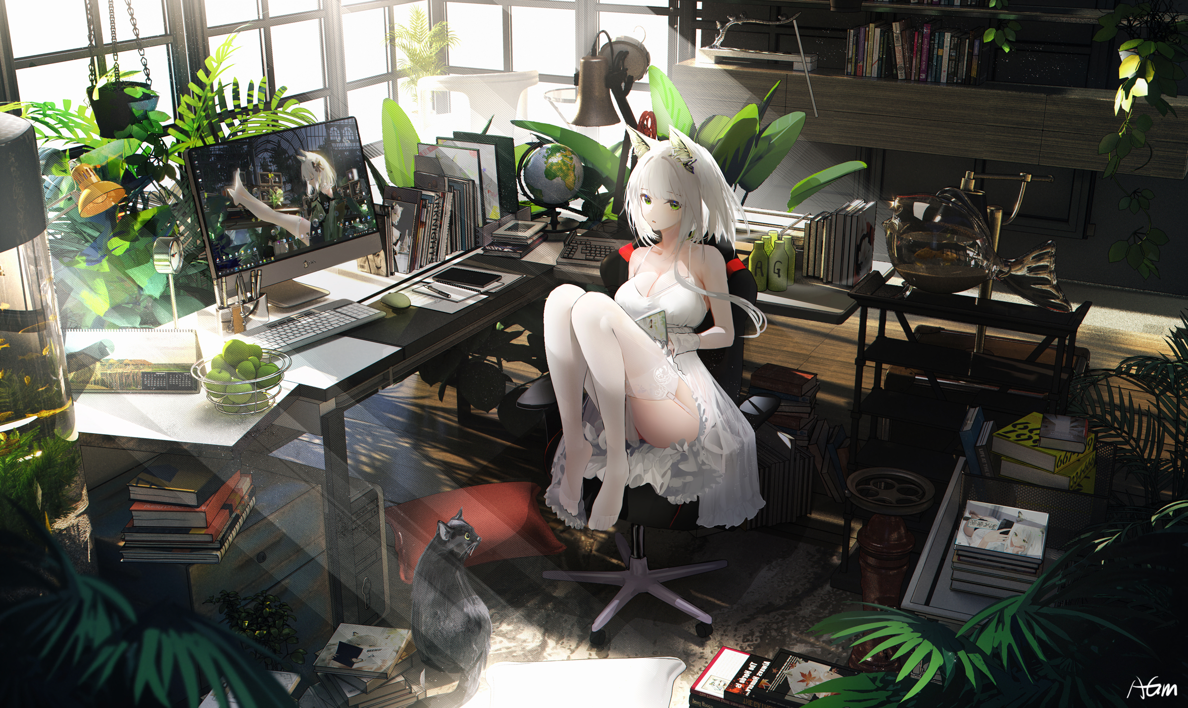 Anime 2400x1430 Arknights white dress looking at viewer indoors Kal'tsit (Arknights) plants Omone Hokoma Agm cats stockings white stockings animal ears keyboards computer green eyes books leaves sitting animals white hair anime girls short hair cat girl cat ears women indoors lamp parted lips bent legs notebooks sleeveless window natural light swivel chair pillow fish tank sun rays table globes fruit apples cleavage