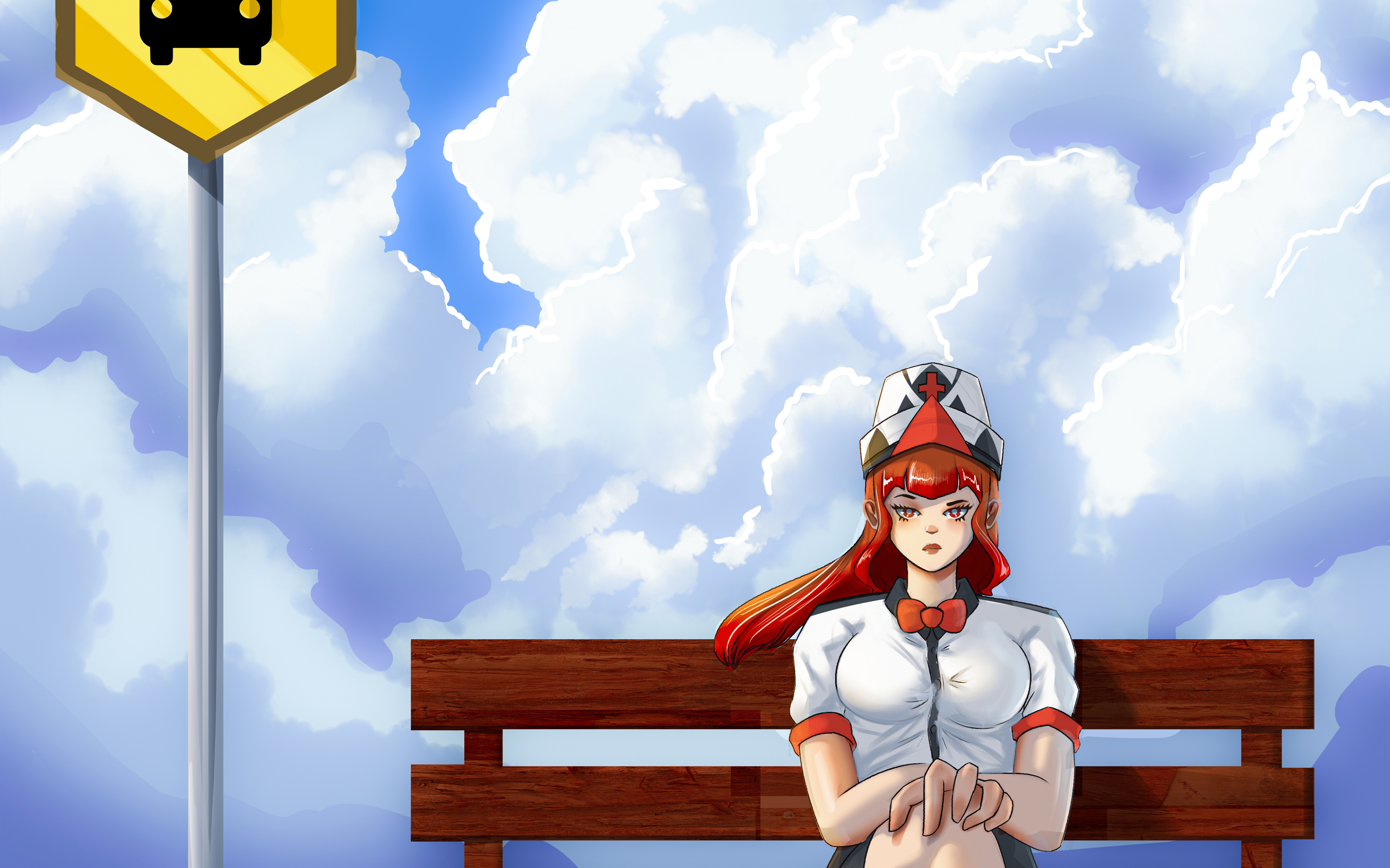 Anime 3840x2400 clouds bench bus stop looking at viewer legs crossed redhead nurse outfit shirt