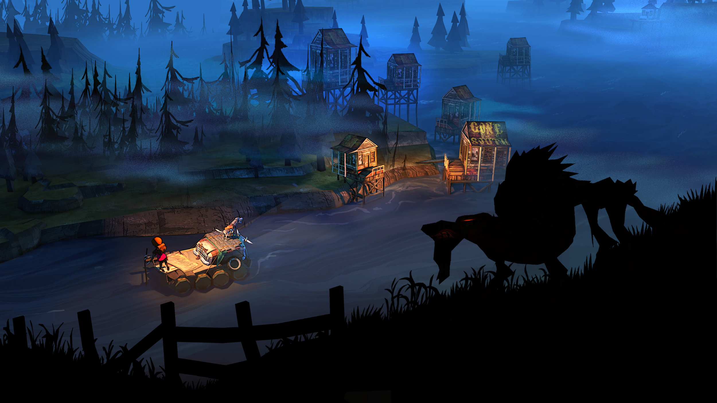 General 2500x1406 PC gaming video games The Flame in the Flood survival river night raft wolf dog