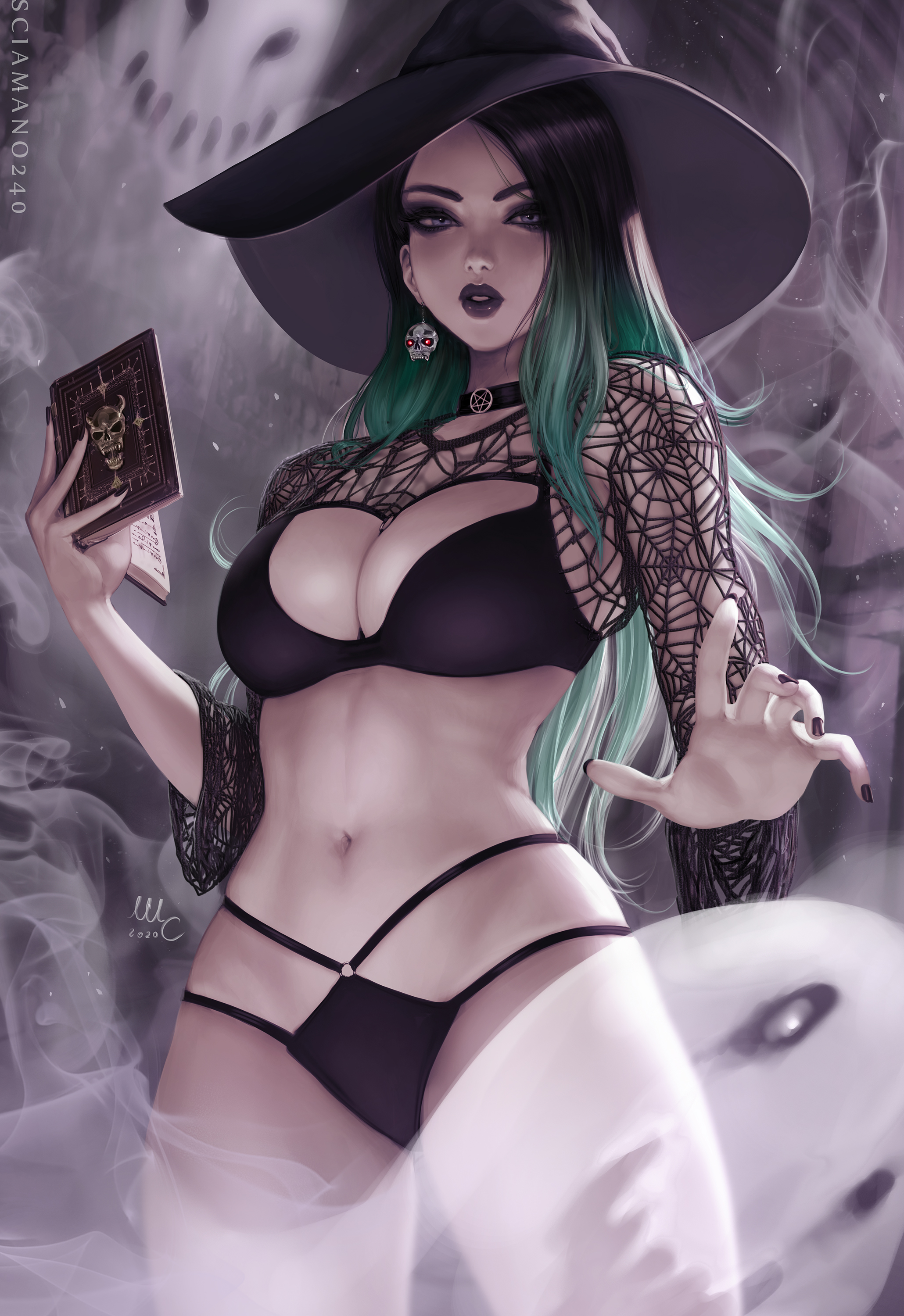 General 2060x3000 Mirco Cabbia women bikini original characters April (Sciamano240) drawing black hair green hair hat witch cleavage ombre hair looking at viewer multi-colored hair digital art