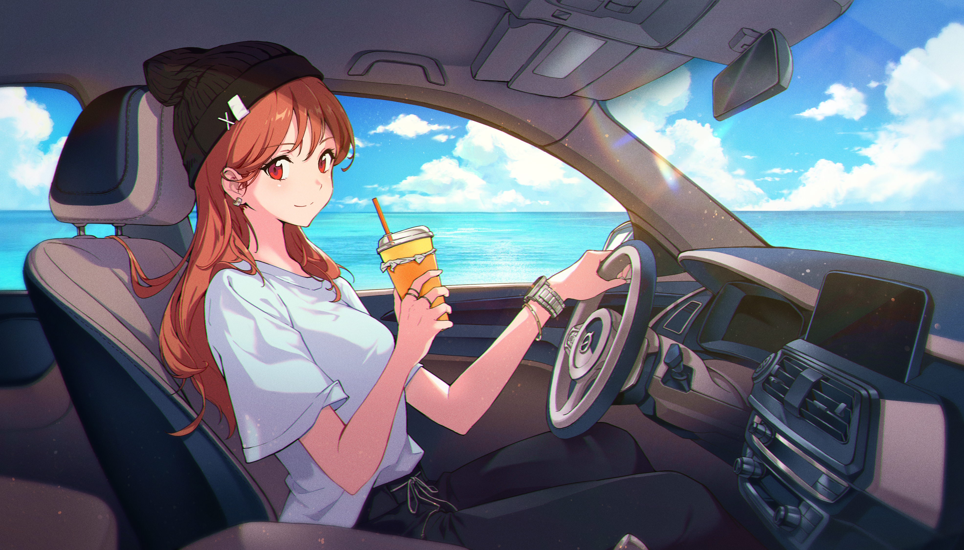 Anime 3944x2254 anime anime girls red eyes redhead drink car car interior water