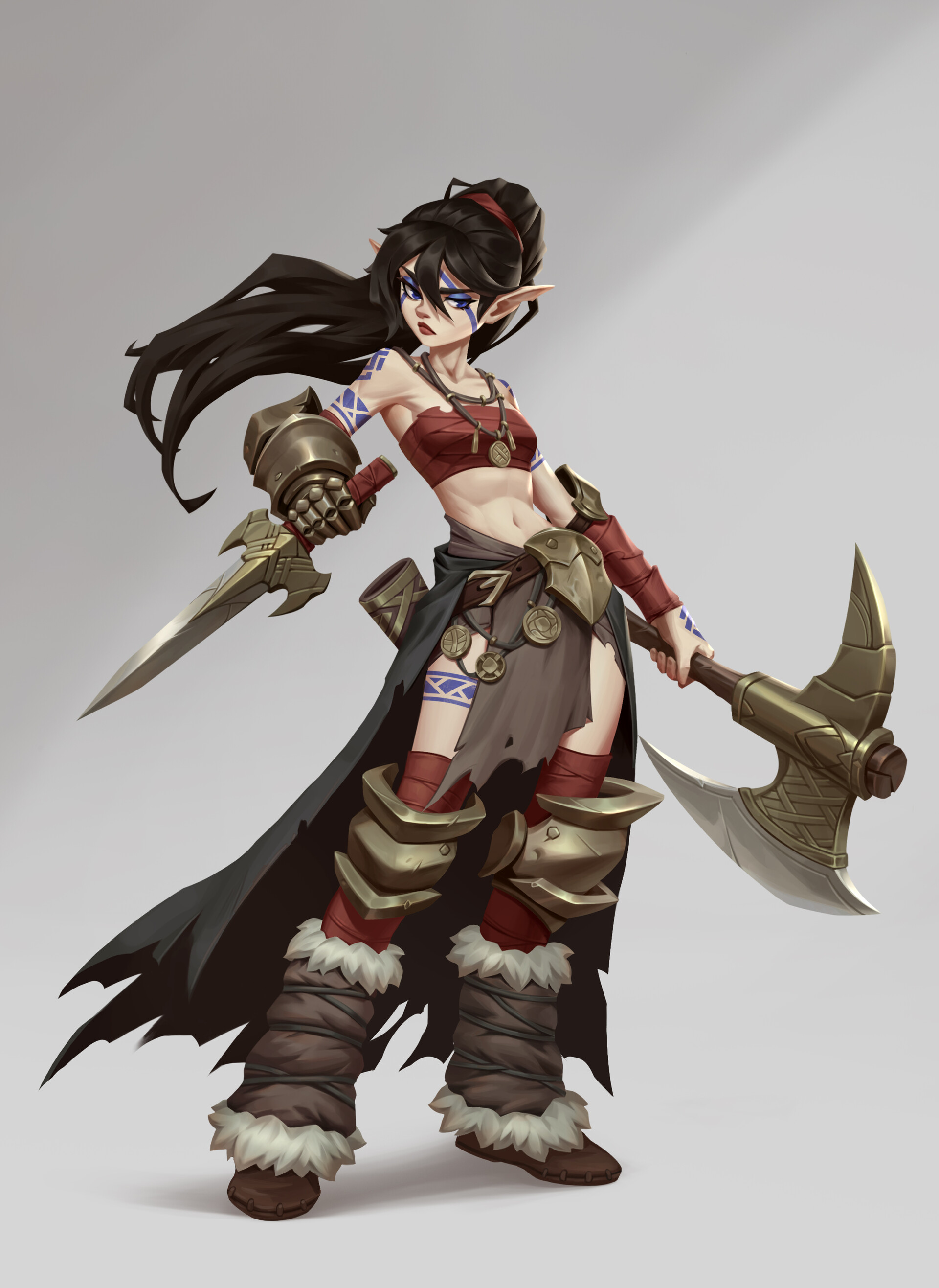 General 1920x2632 artwork women axes girls with guns pointy ears dark hair long hair gray background standing dagger