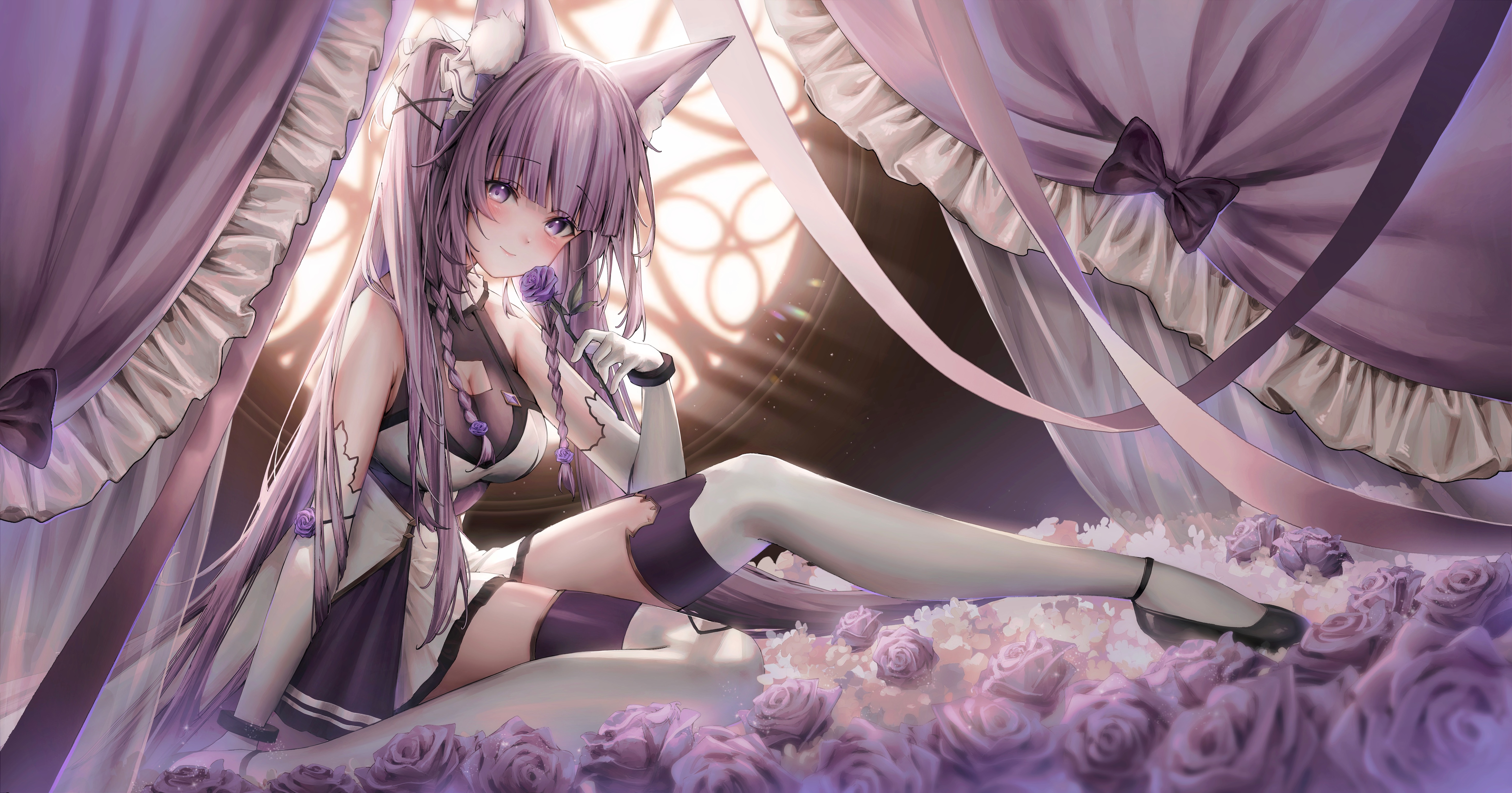 Anime 5856x3072 anime anime girls fox ears purple hair rose stockings purple eyes