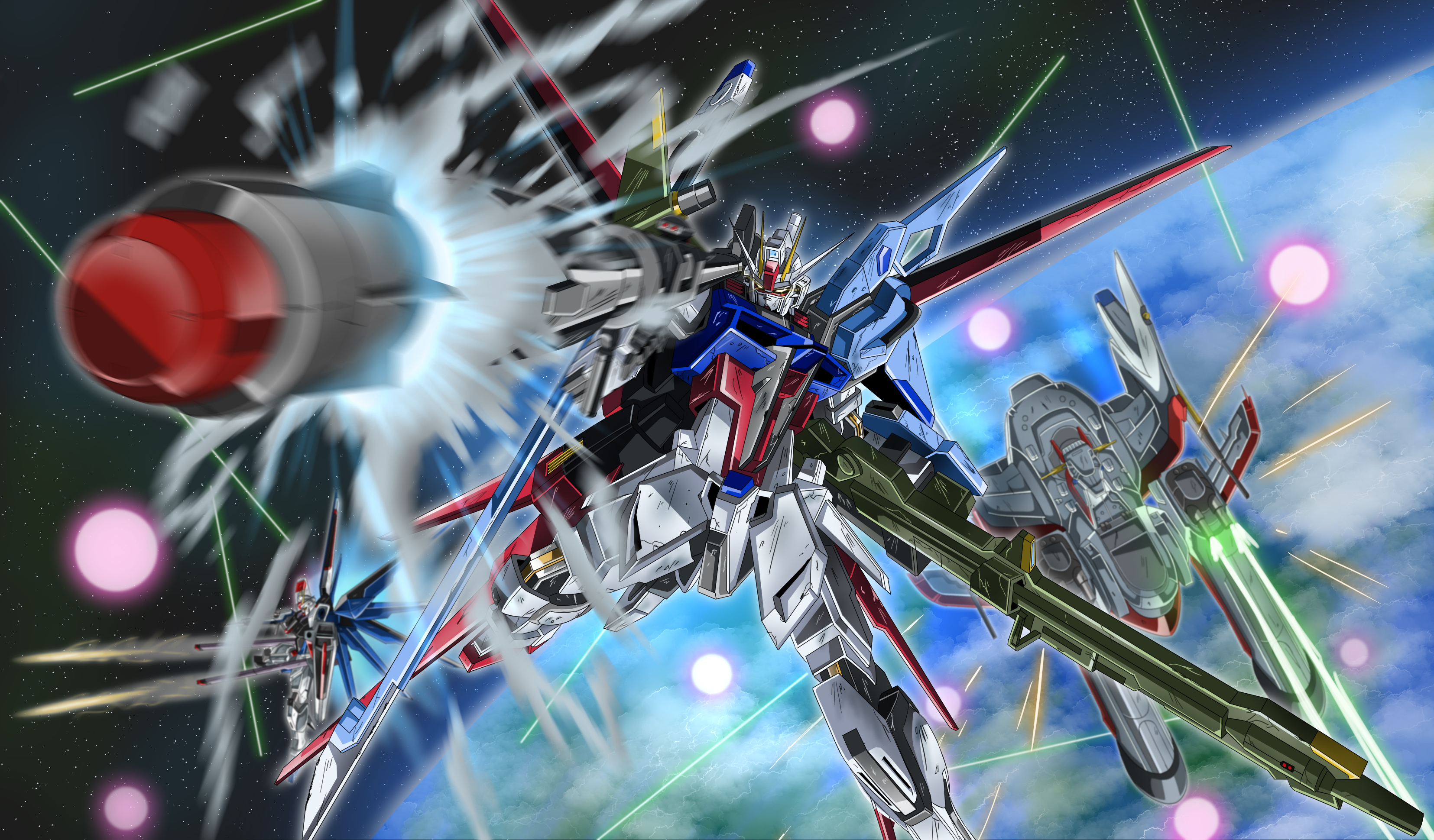 Anime 3310x1940 anime mechs Super Robot Taisen Freedom Gundam Perfect Strike Gundam Gundam Mobile Suit Gundam SEED artwork digital art fan art