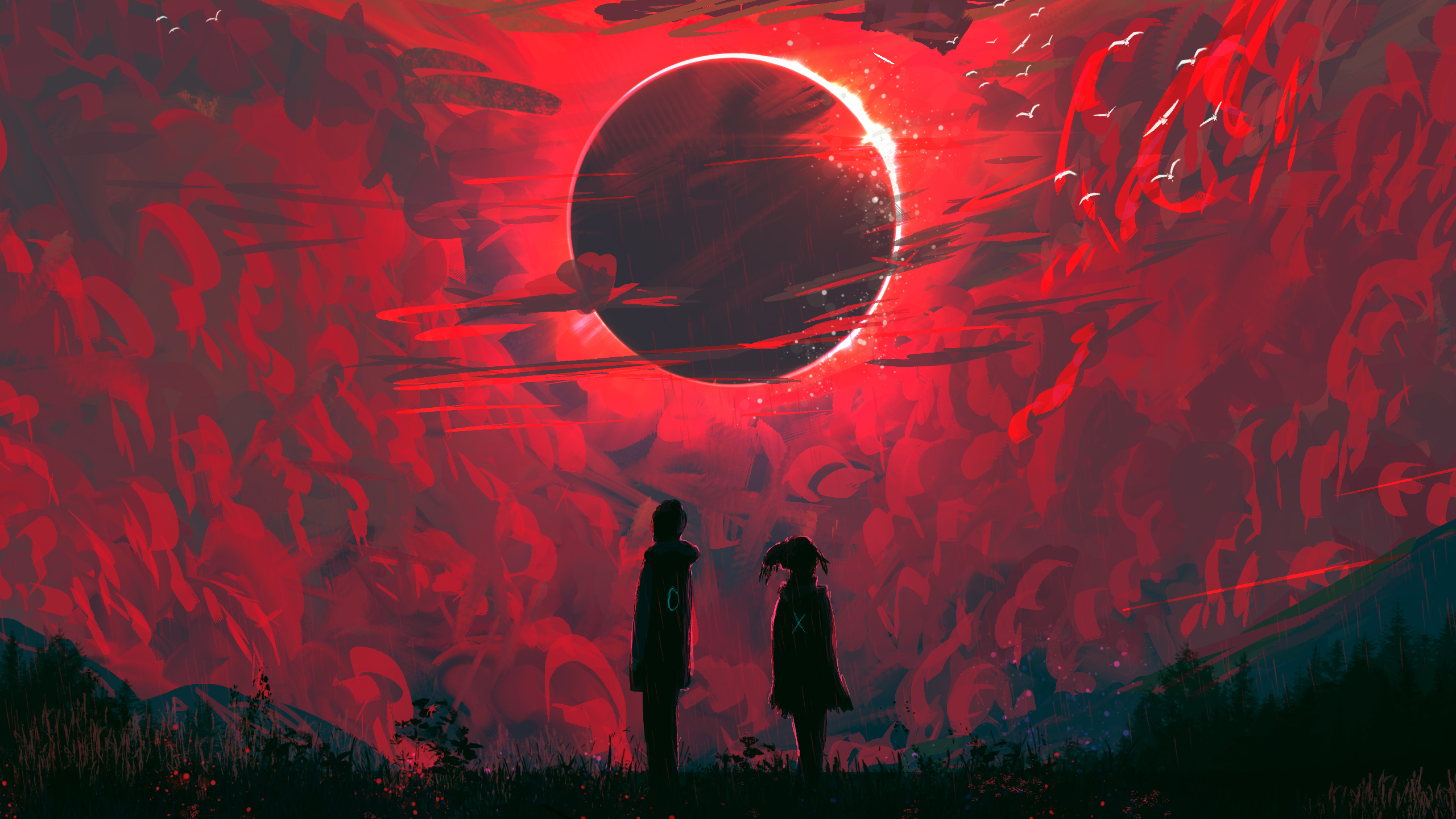General 2560x1440 Nafay illustration digital art artwork nature planet clouds couple red eclipse  Suicide Sheep
