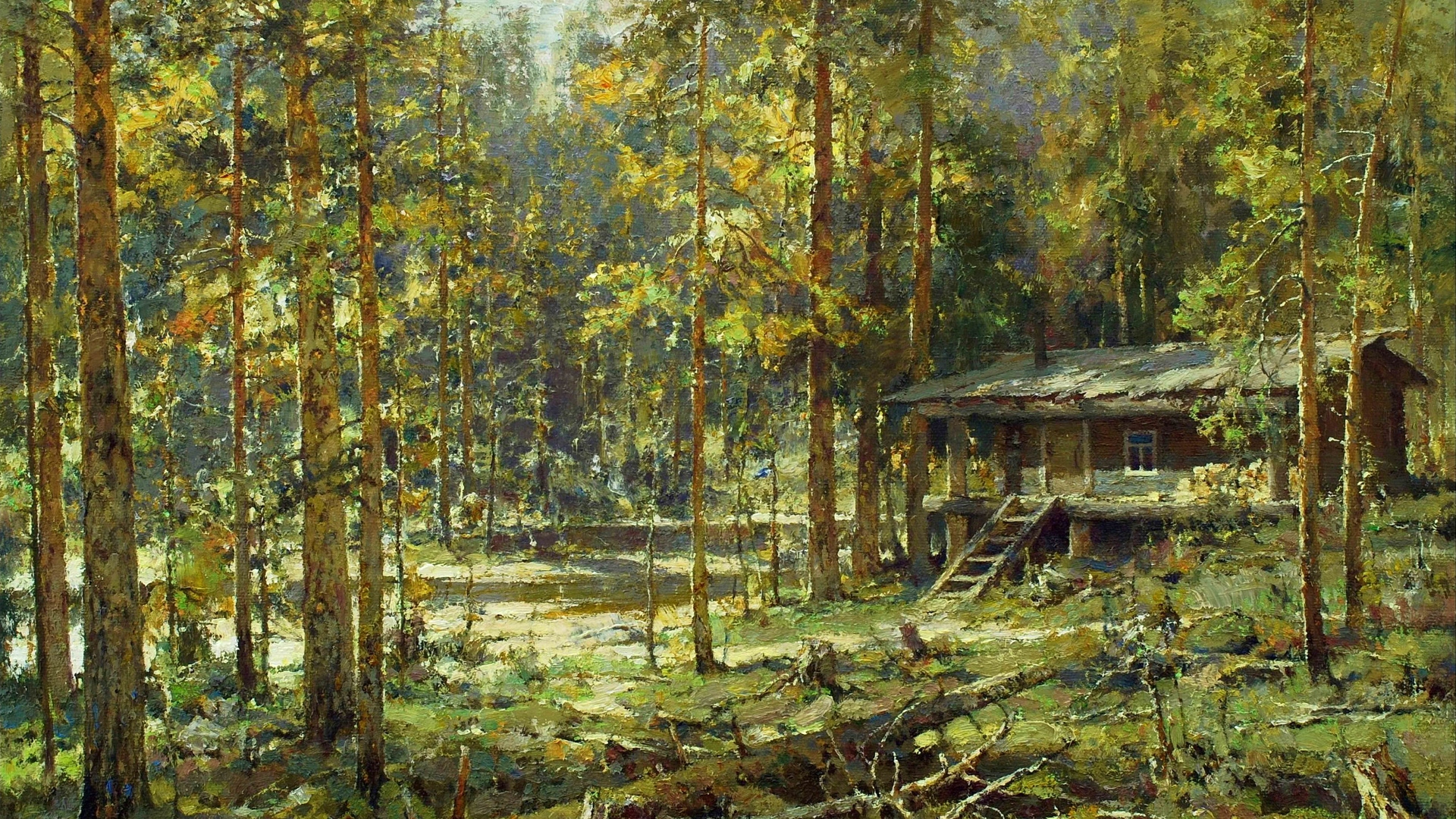 General 1920x1080 painting classic art landscape Yury Vasendin artwork trees hut cabin nature