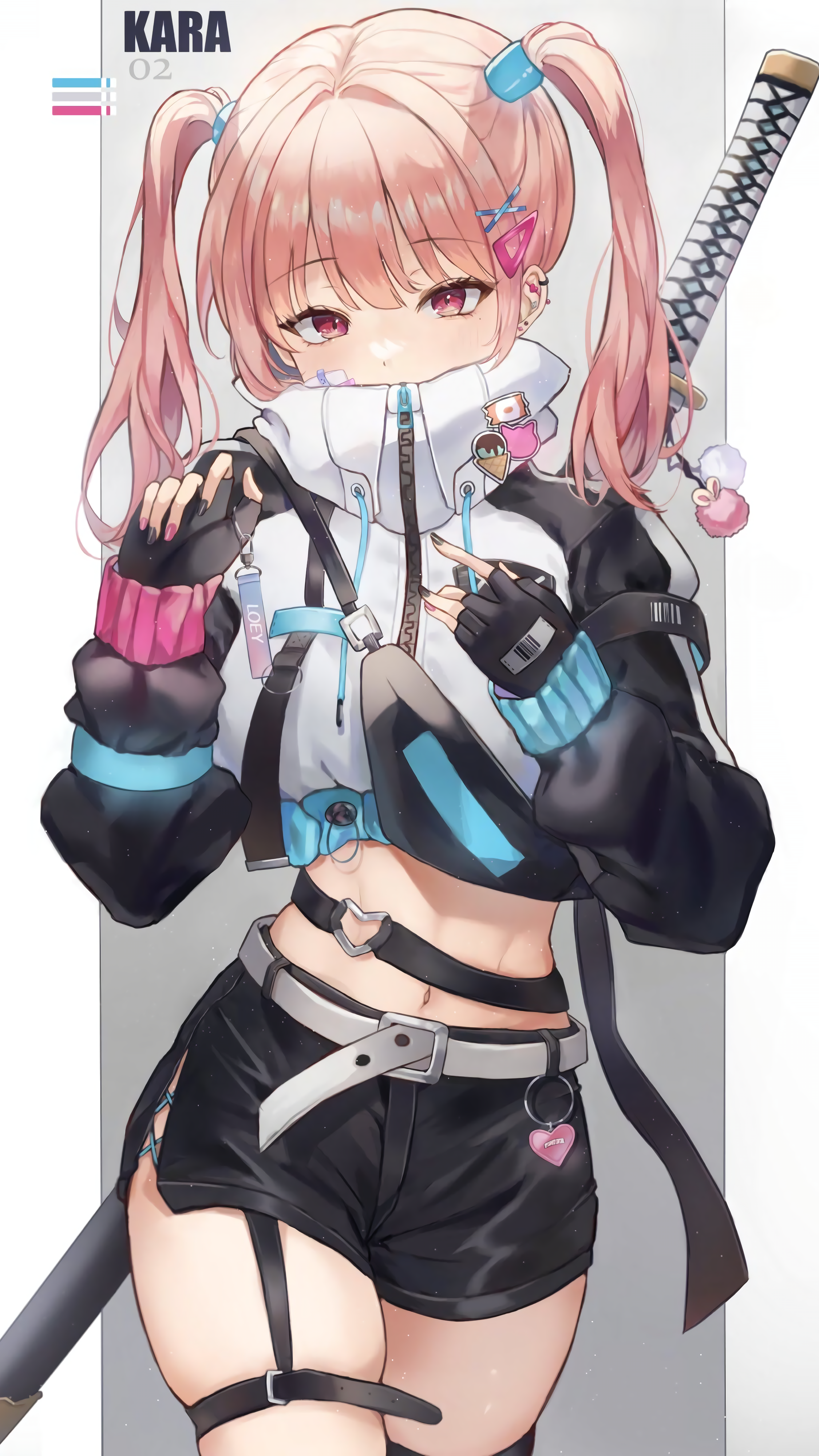 Anime 2250x4000 anime girls anime 2D looking at viewer portrait portrait display belly belly button slim body painted nails fingerless gloves pants sword katana weapon women with swords red eyes redhead
