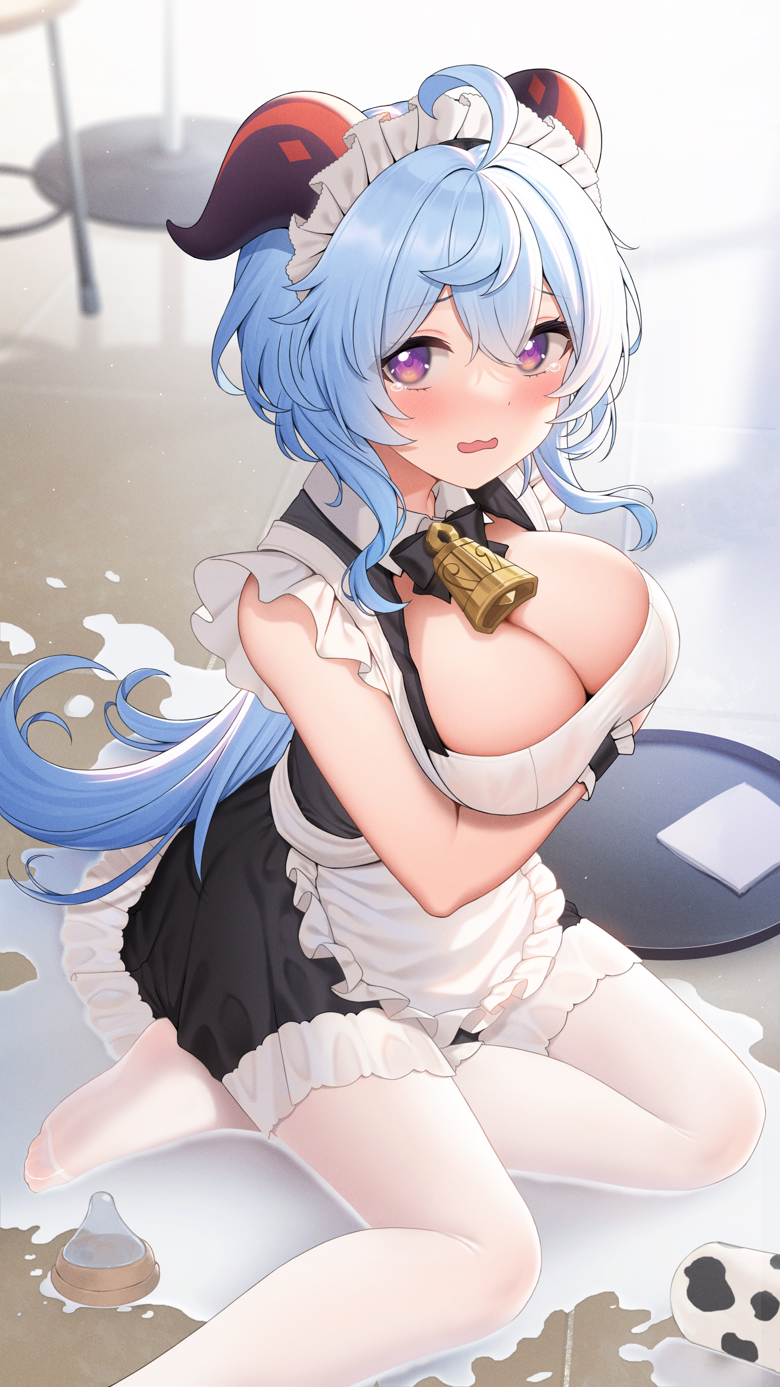 Anime 2480x4409 anime anime girls big boobs Genshin Impact Ganyu (Genshin Impact) maid outfit cleavage blue hair horns milk
