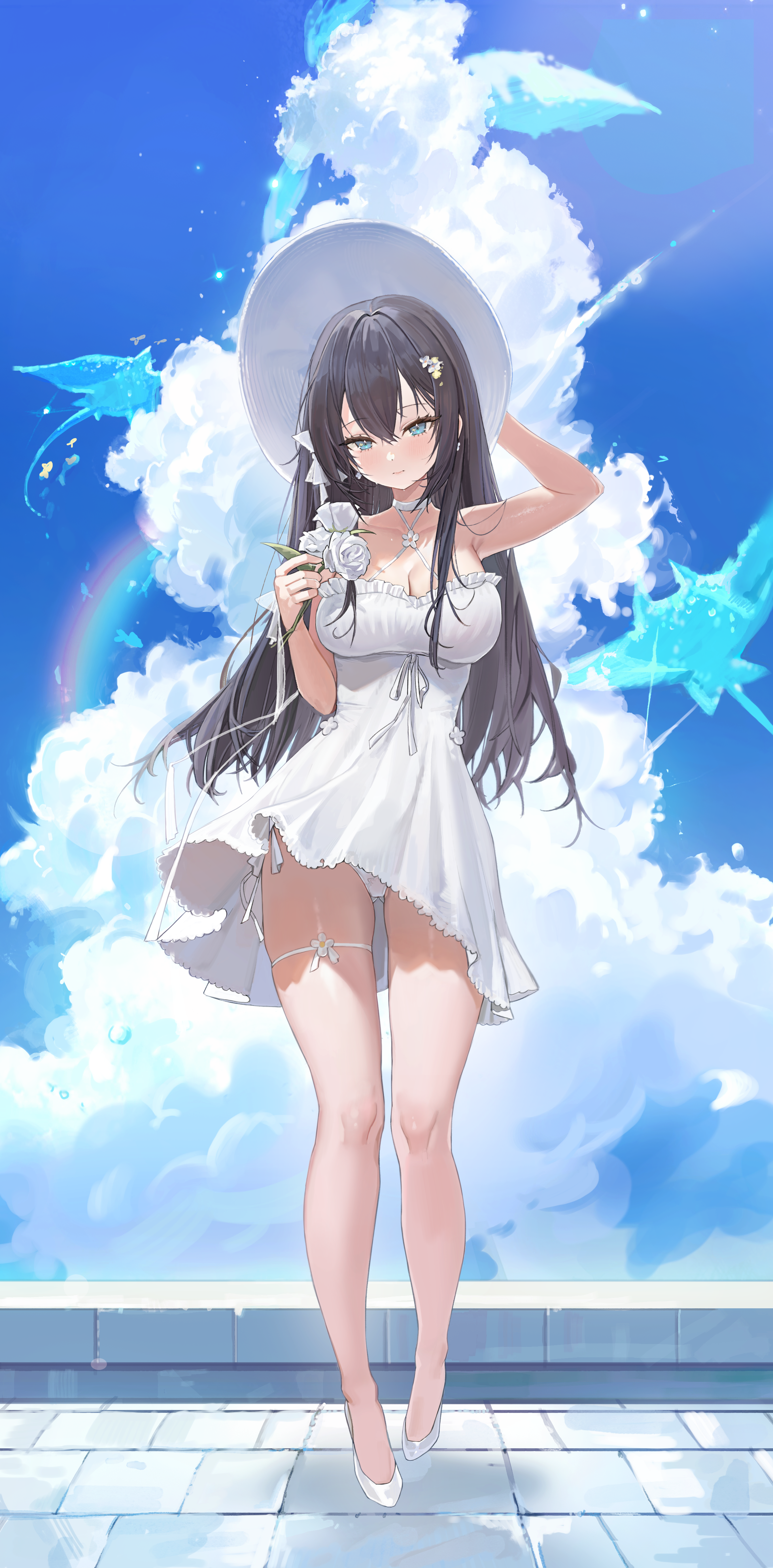 Anime 2683x5440 anime anime girls hat dress panties clouds fish animals rainbows upskirt sun dress artwork Freng