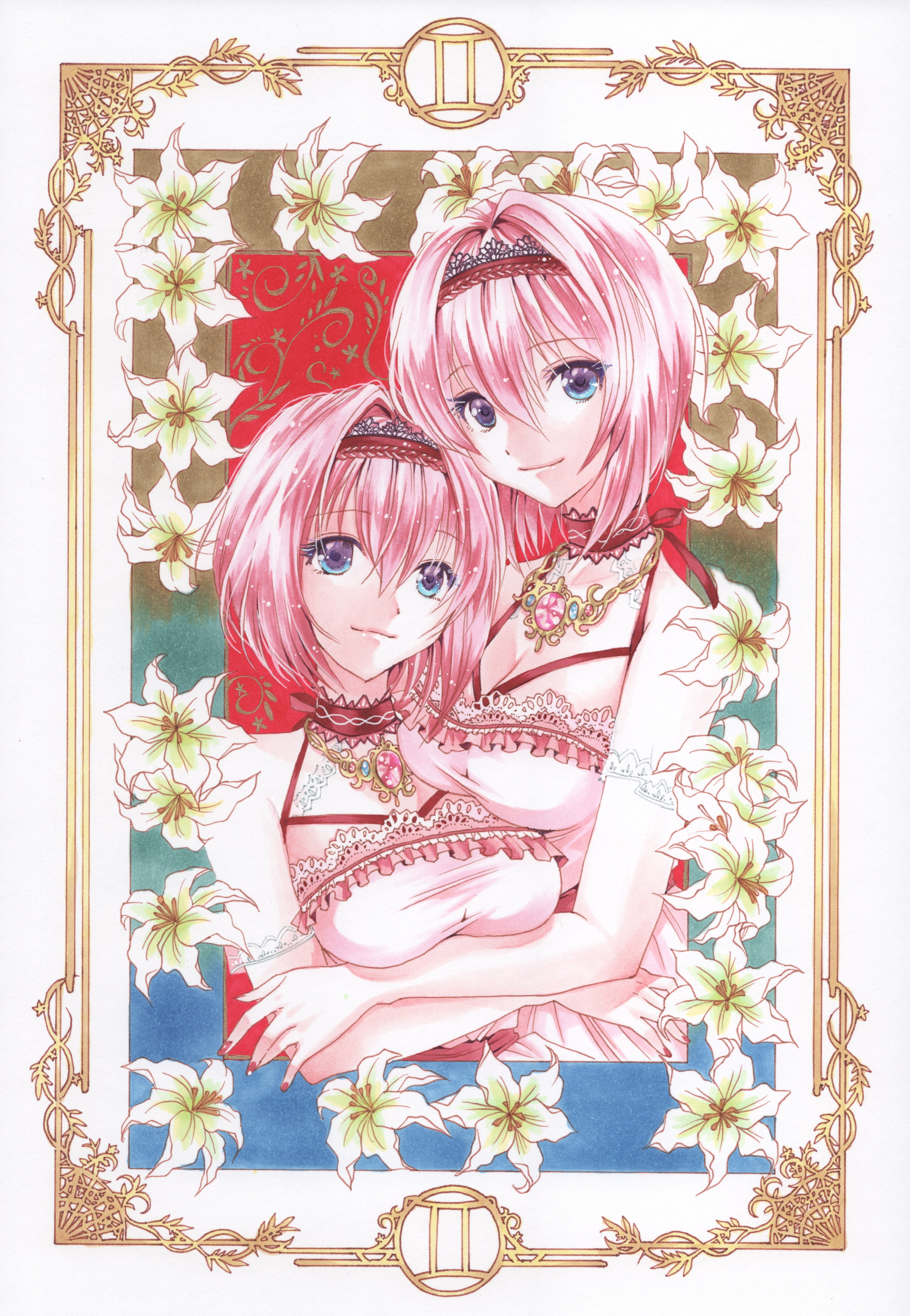 Anime 4215x6095 anime anime girls original characters twins artwork digital art fan art pink hair flowers blue eyes