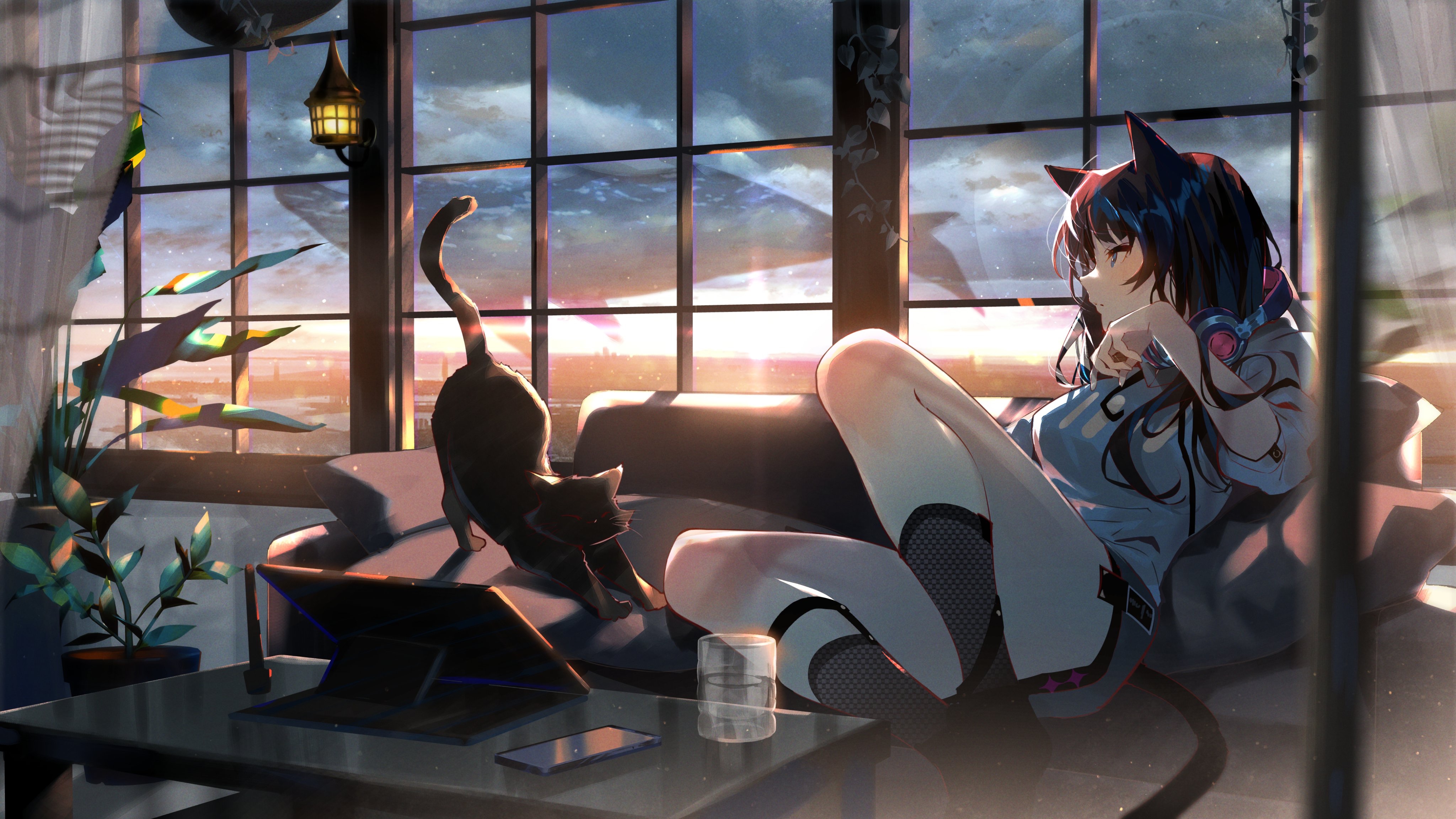 Anime 4096x2304 anime girls cat girl black cats original characters room window sky cat ears cats dark hair phone tablet  flying whales