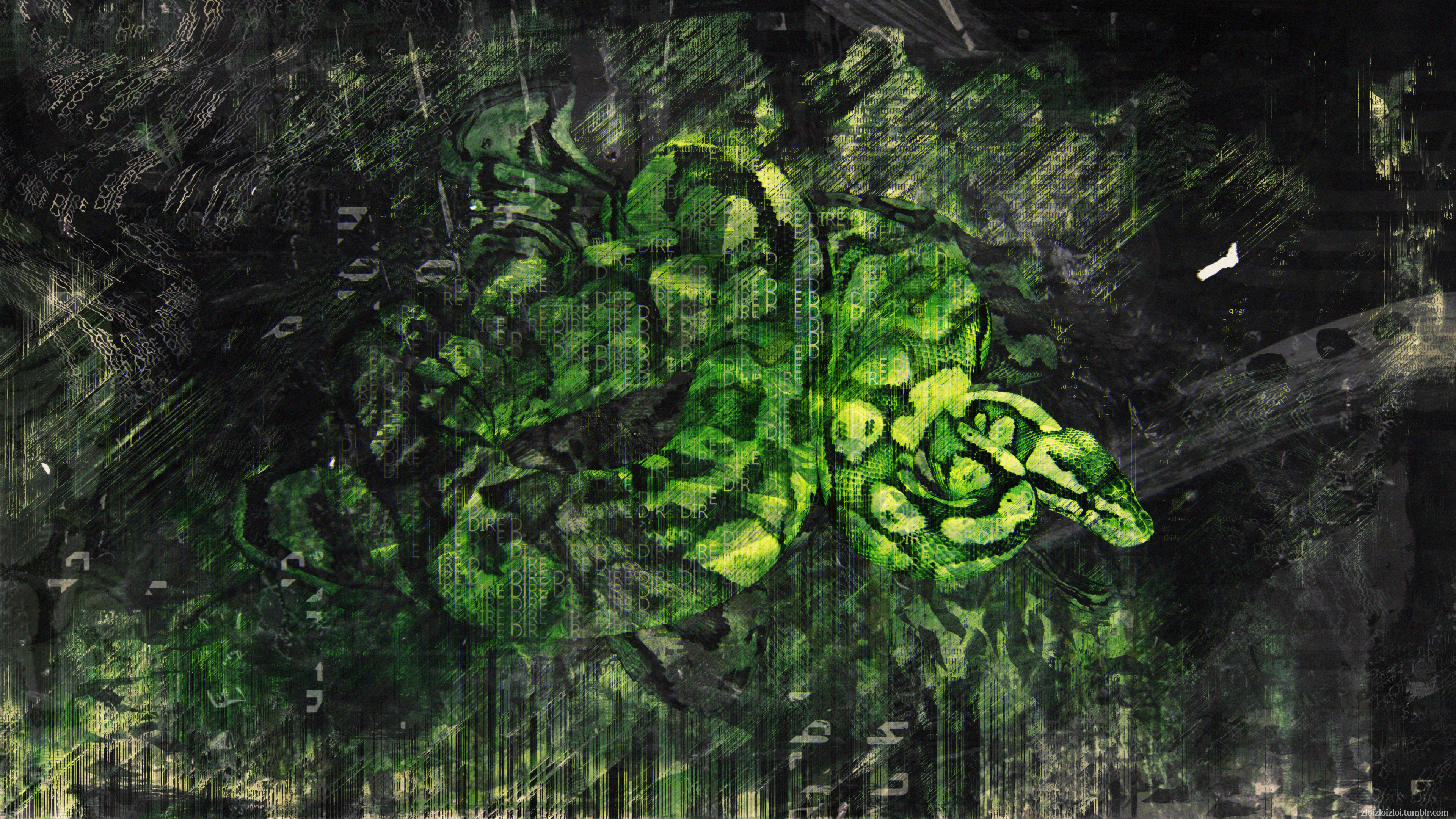 General 3840x2160 glitch art abstract snake green digital art watermarked Zloizloizloi