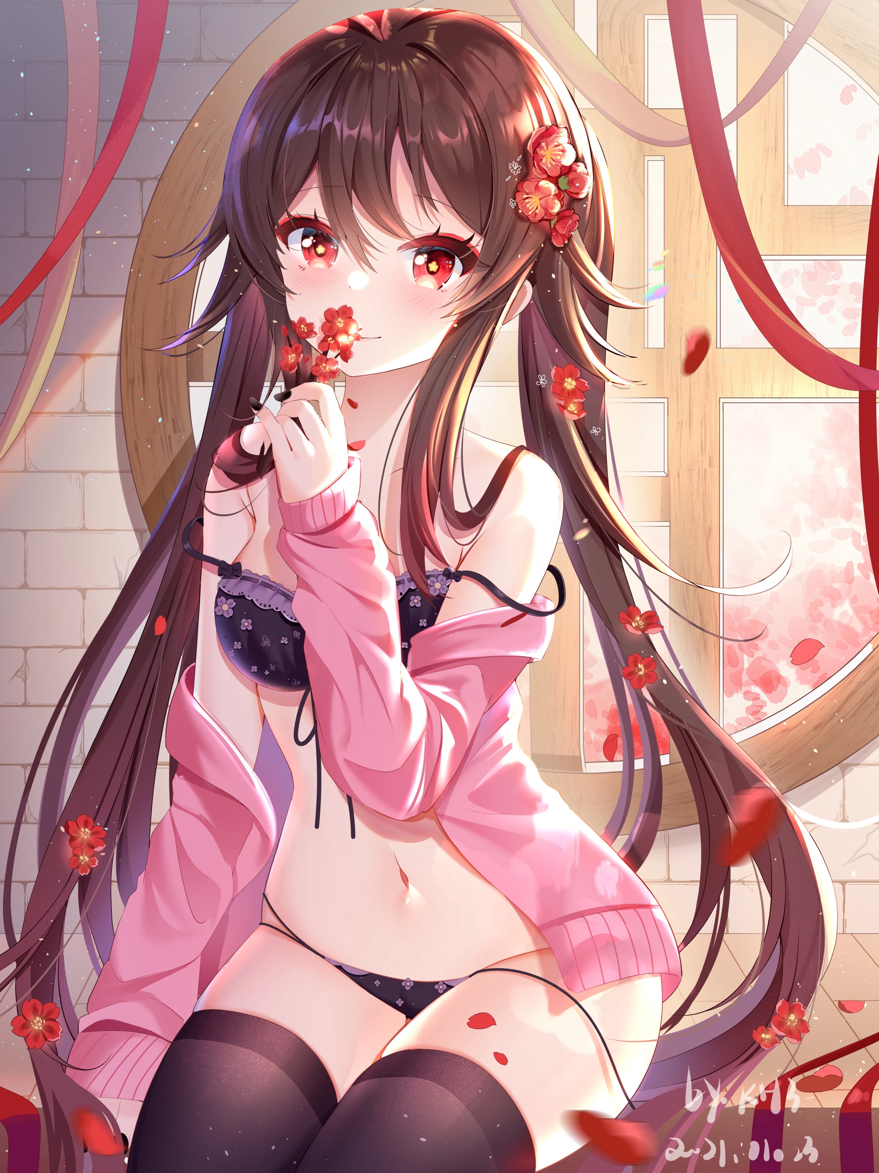 Anime 1800x2400 anime girls Genshin Impact black stockings smiling long hair twintails brunette red eyes open jacket underwear Hu Tao (Genshin Impact) Miaoguujuun