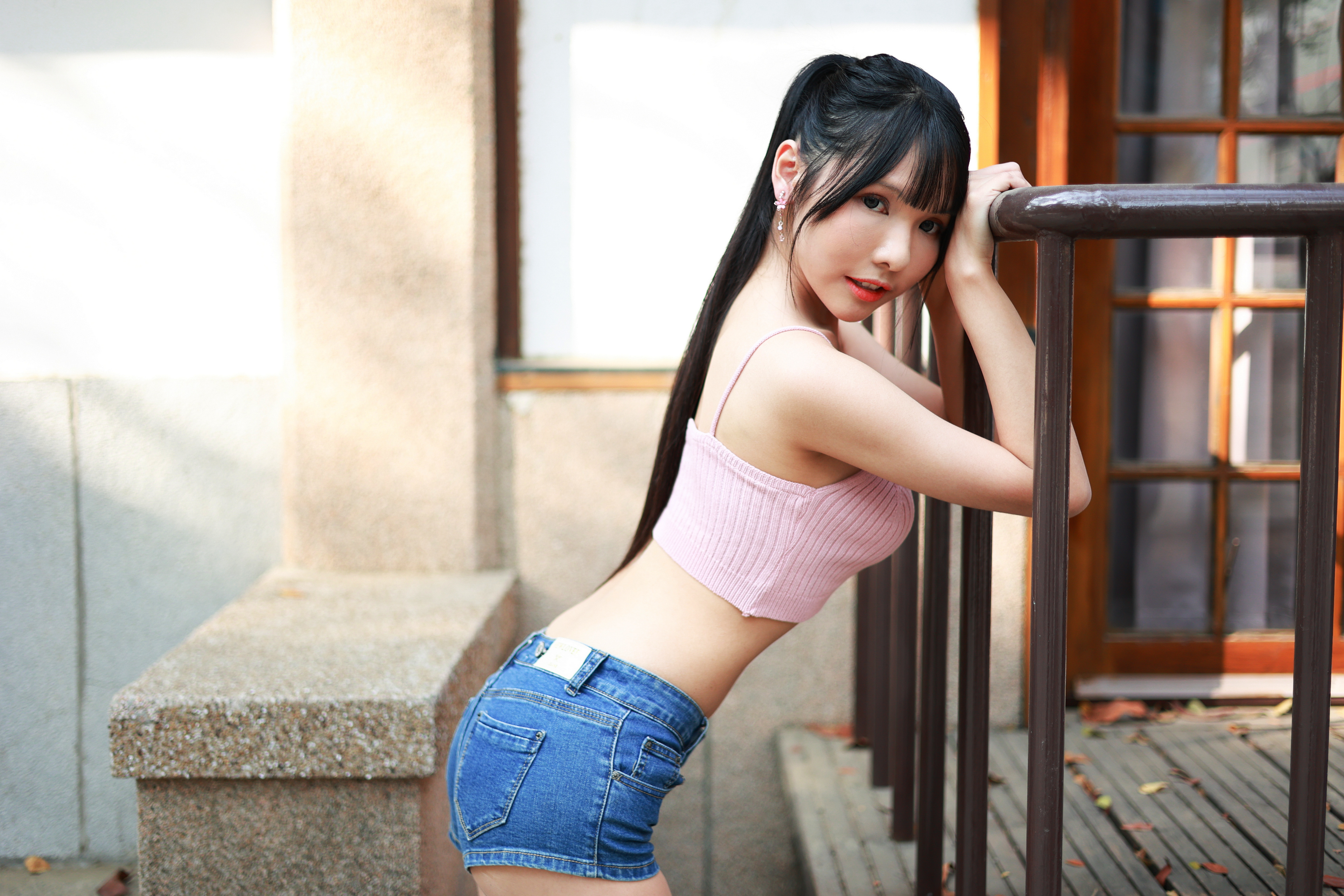 People 3840x2560 Asian model women long hair dark hair jean shorts short tops ponytail railing leaning terraces window Vicky (Asian model)