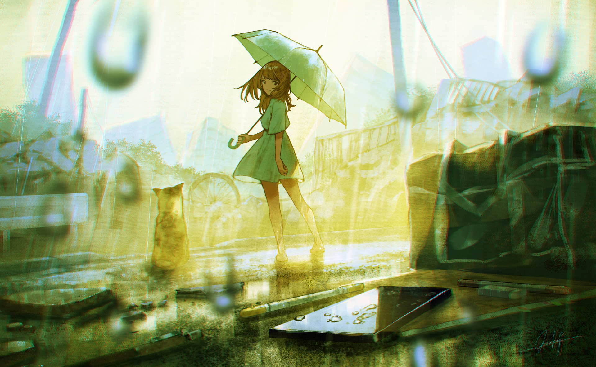 Anime 1920x1184 anime girls original characters rain umbrella cats Goroku