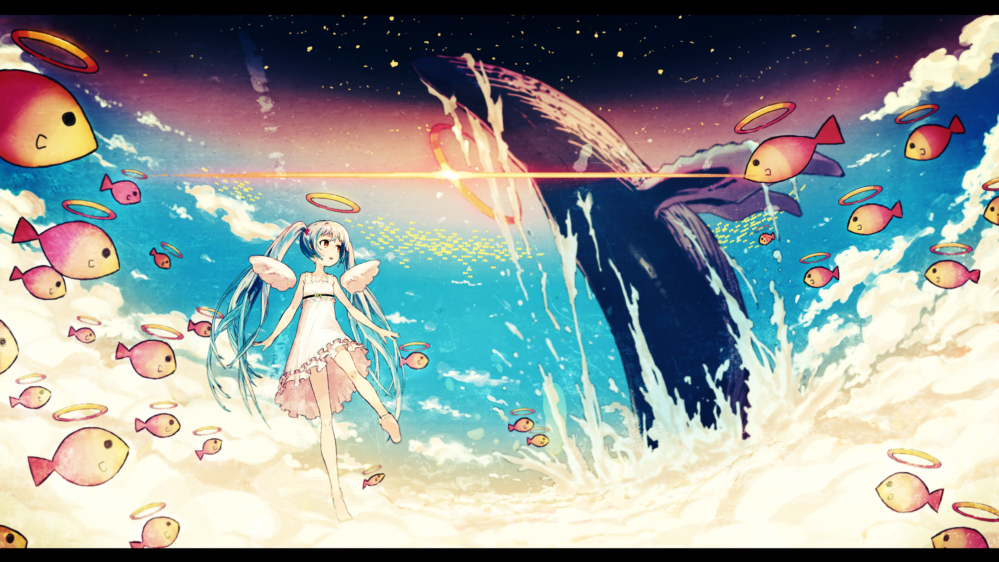 Anime 3200x1800 artwork Hatsune Miku sky whale angel