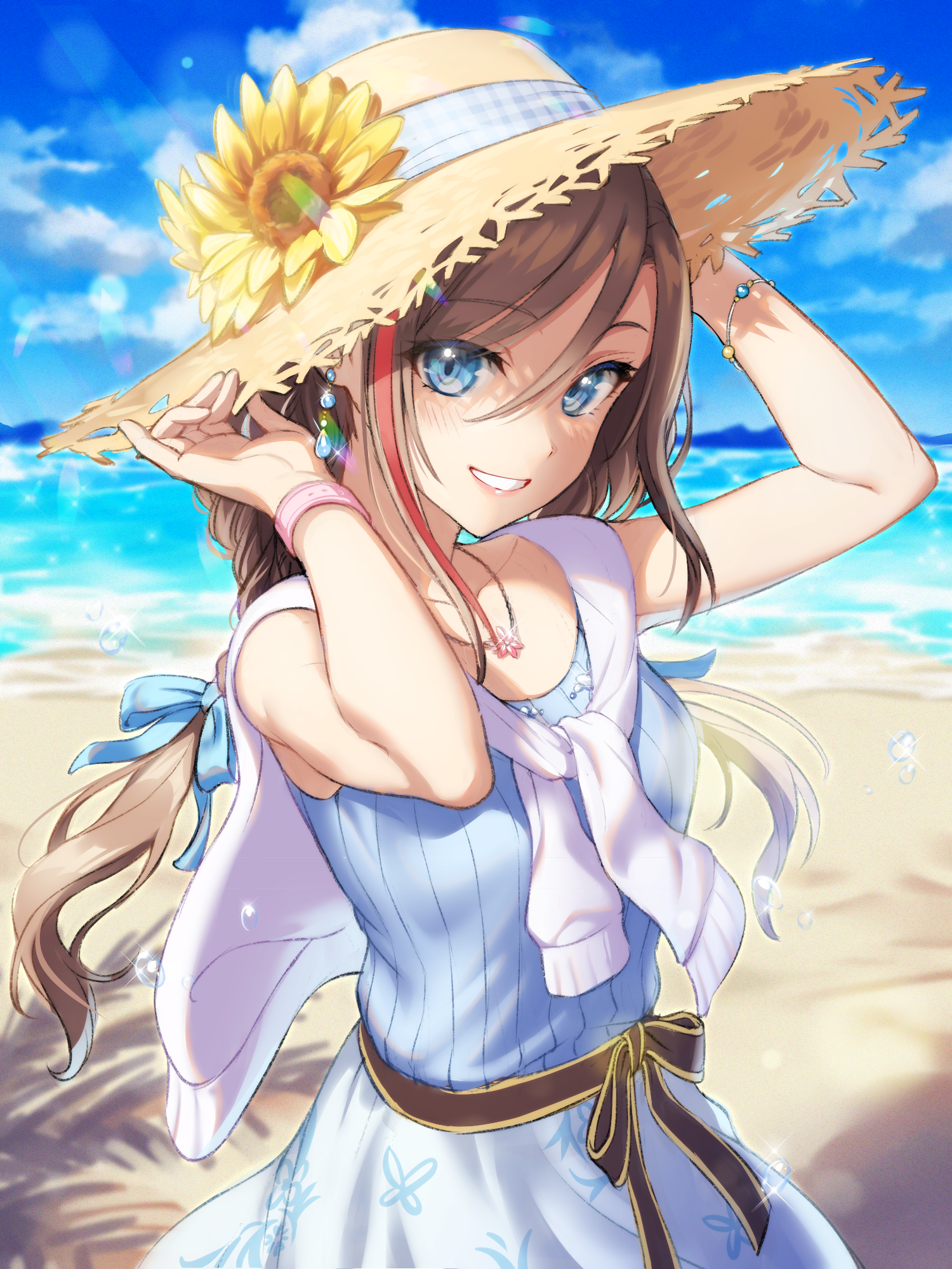 Anime 1500x2000 anime girls anime digital art looking at viewer 2D portrait display arms up beach straw hat brunette blue eyes smiling Letta artwork Virtual Youtuber Nijisanji