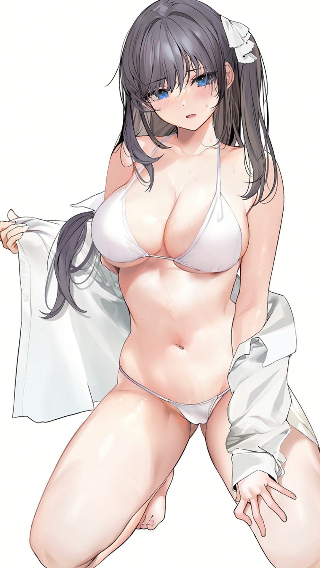 Anime 1080x1914 Marushin anime girls dark hair blue eyes boobs bikini big boobs cleavage belly kneeling blushing artwork