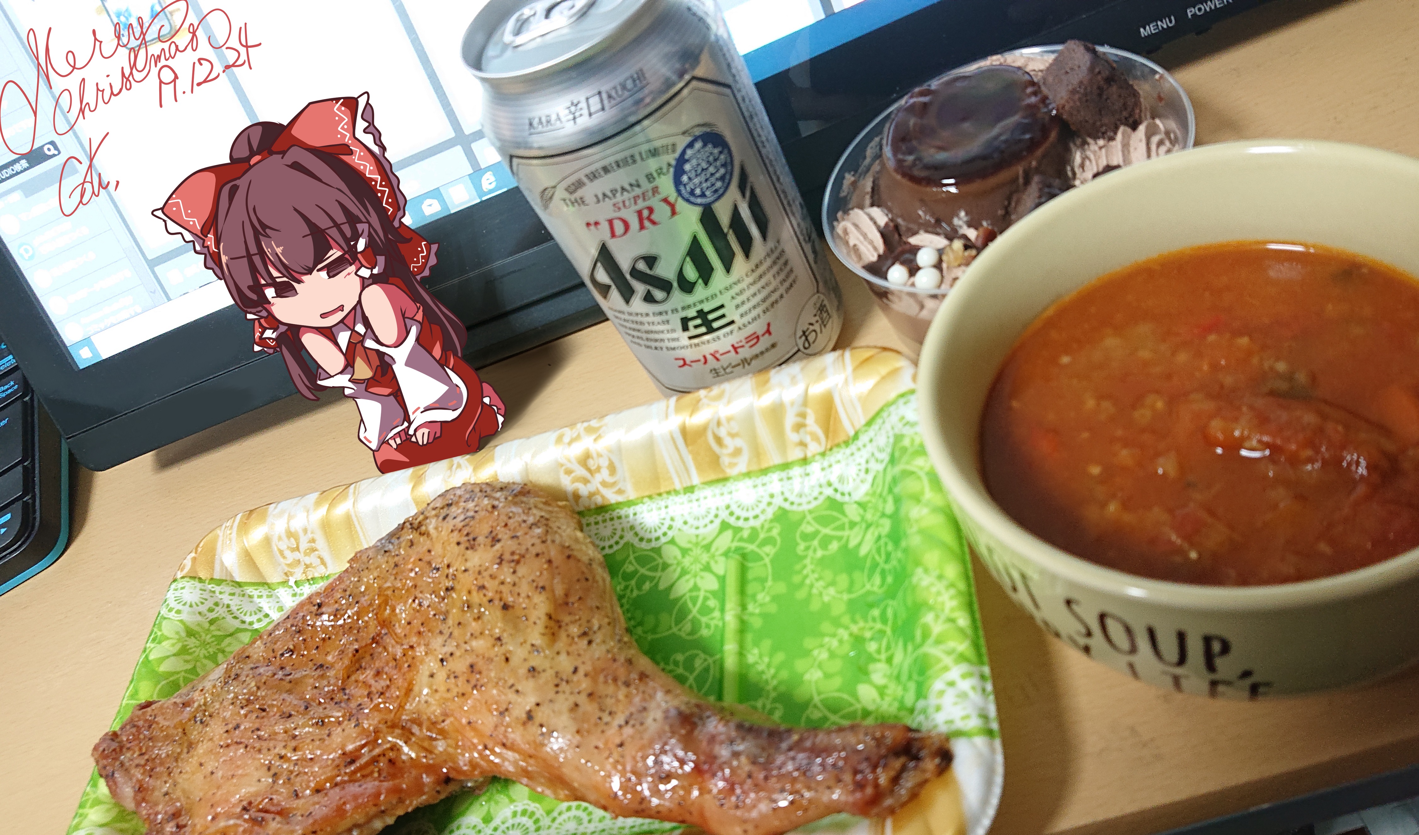 Anime 4509x2654 anime anime girls Touhou Hakurei Reimu food chicken wings beer