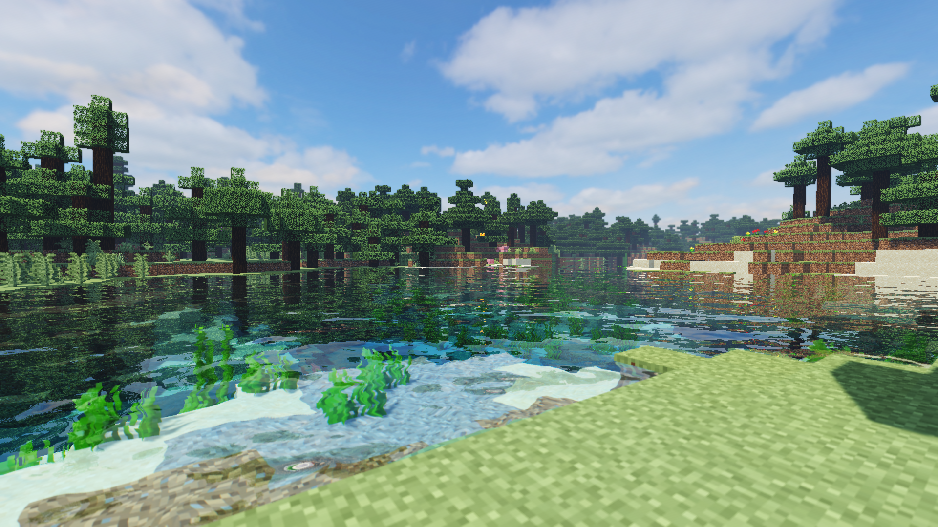 General 1920x1080 Minecraft plains shaders trees forest water lake