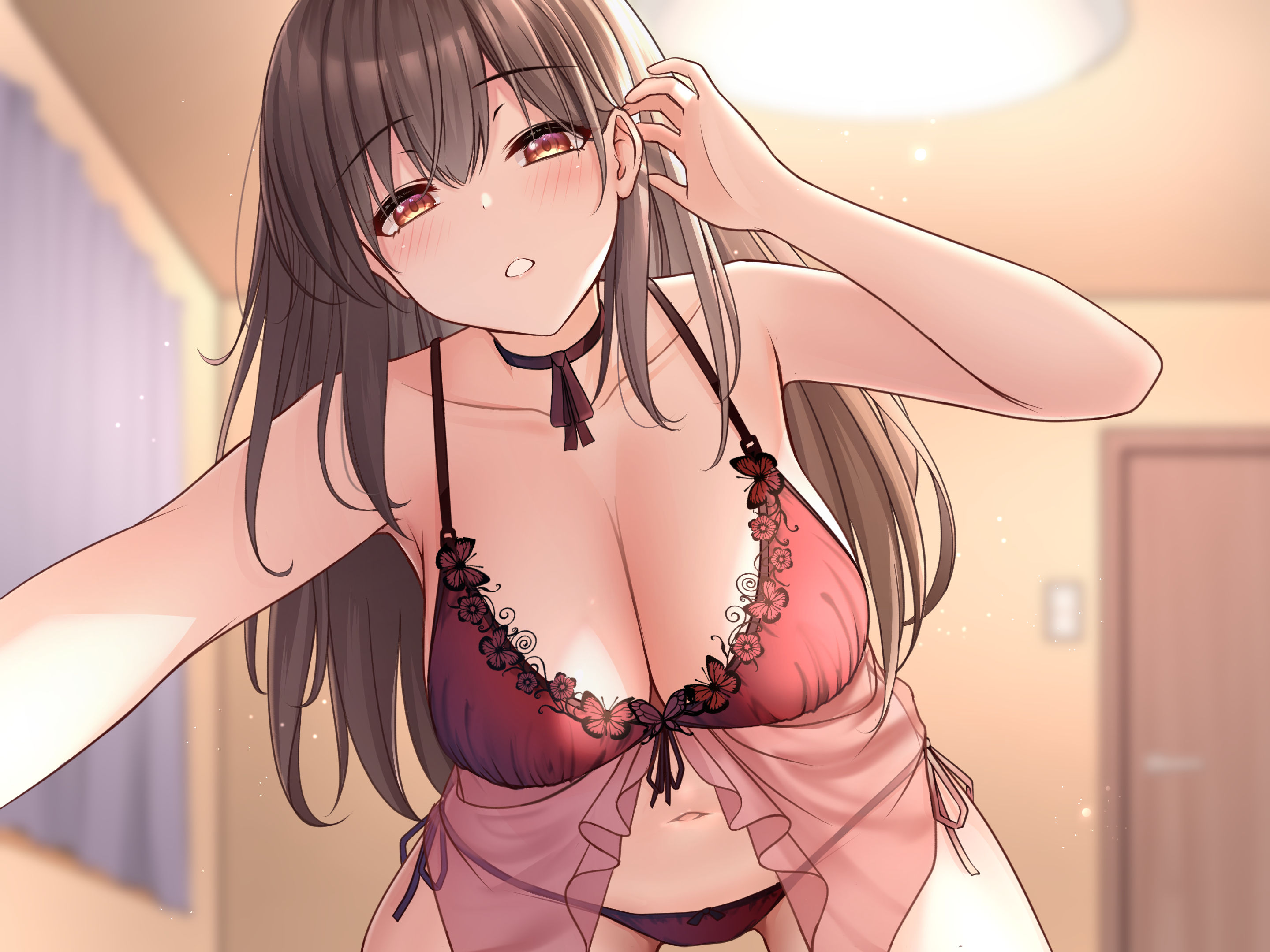 Anime 2880x2160 anime anime girls Karu artwork brunette long hair brown eyes blushing bent over lingerie cleavage big boobs