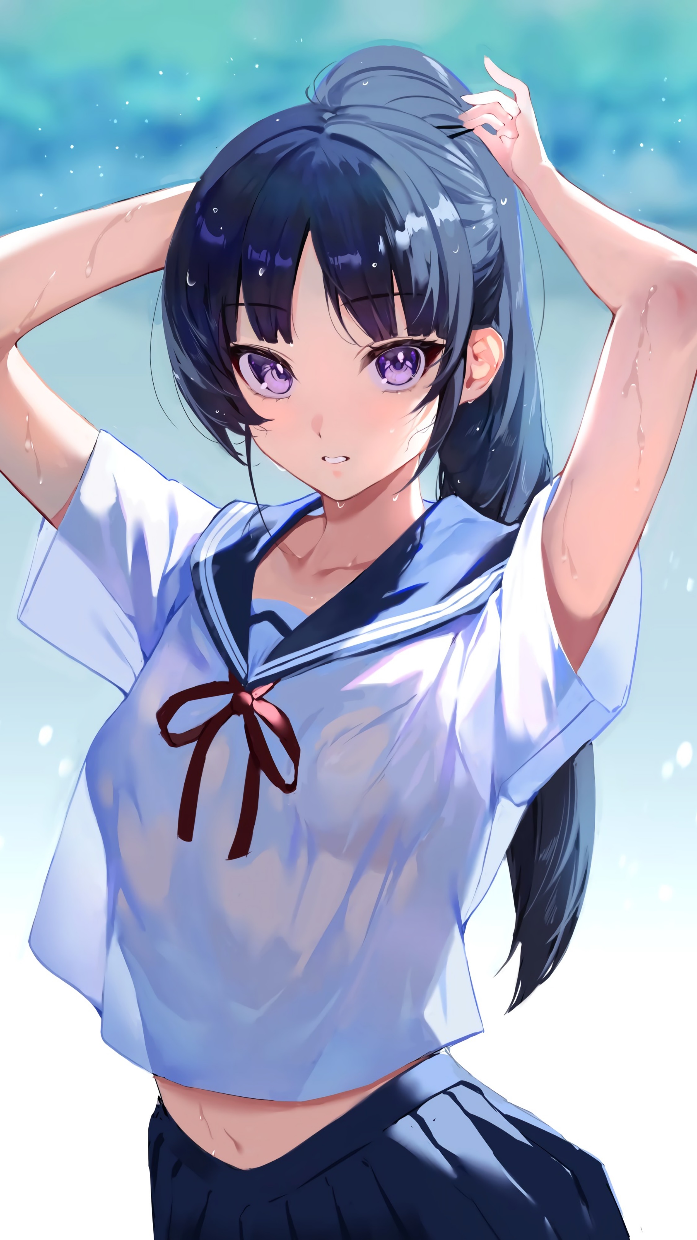 Anime 2250x4000 anime girls school uniform schoolgirl arms up wet ponytail dark hair purple eyes artwork Ichibi