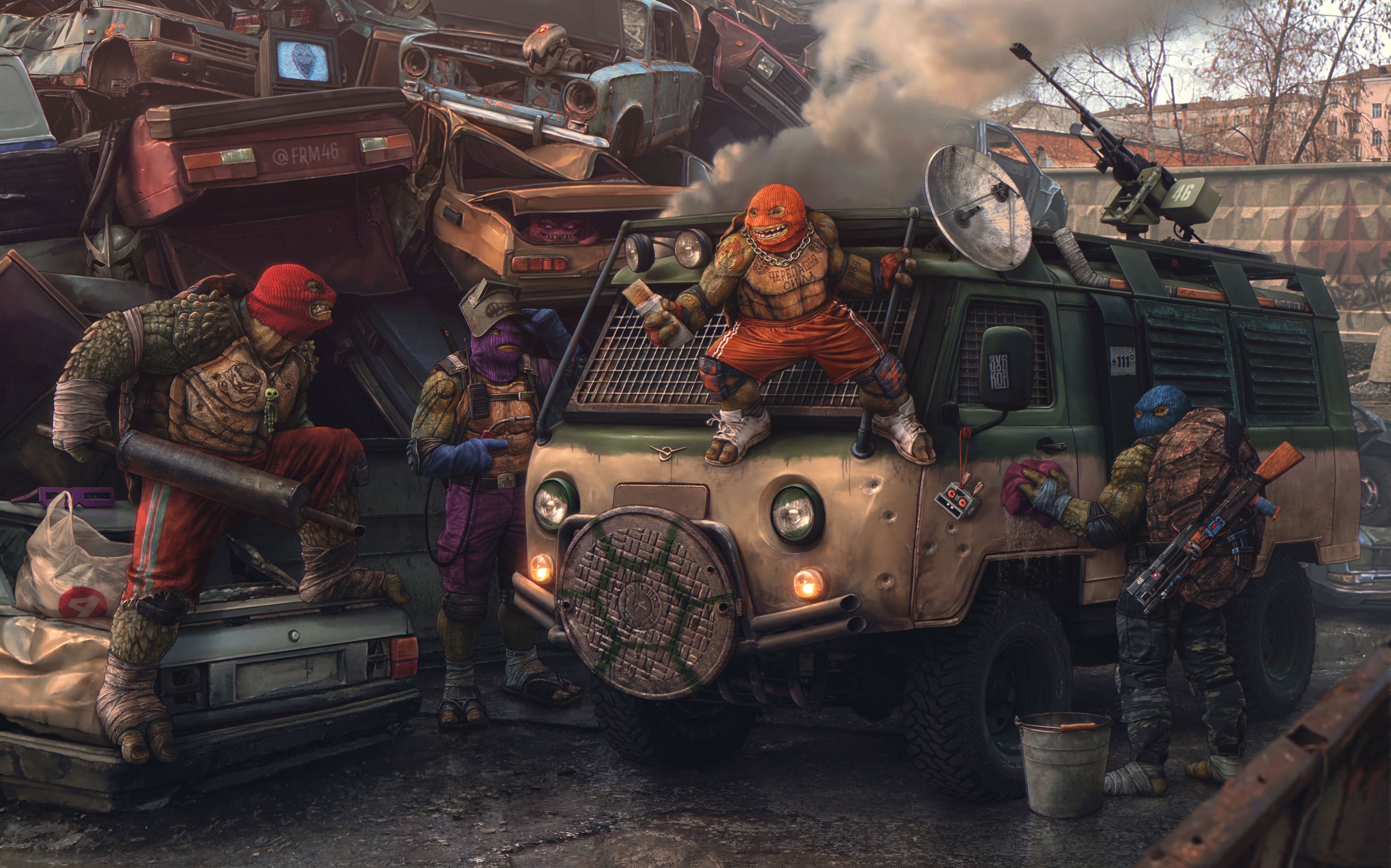 General 4096x2557 Teenage Mutant Ninja Turtles Russia Evgeny Zubkov UAZ LADA car car wreck artwork