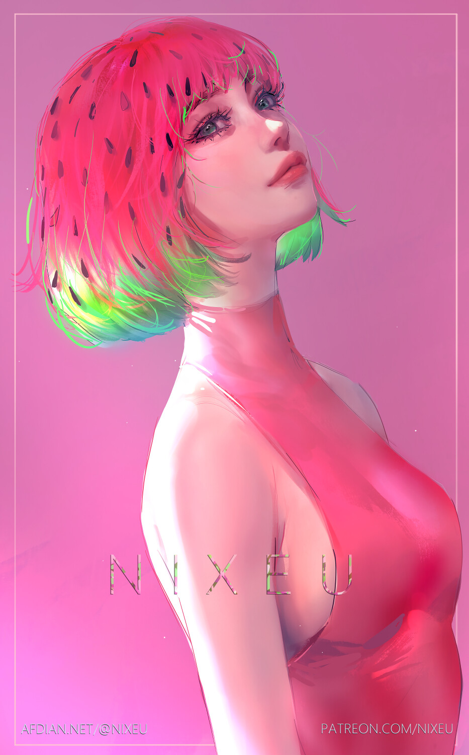 General 933x1500 drawing women colorful looking up pink watermelons pink background artwork lipstick simple background Nixeu multi-colored hair