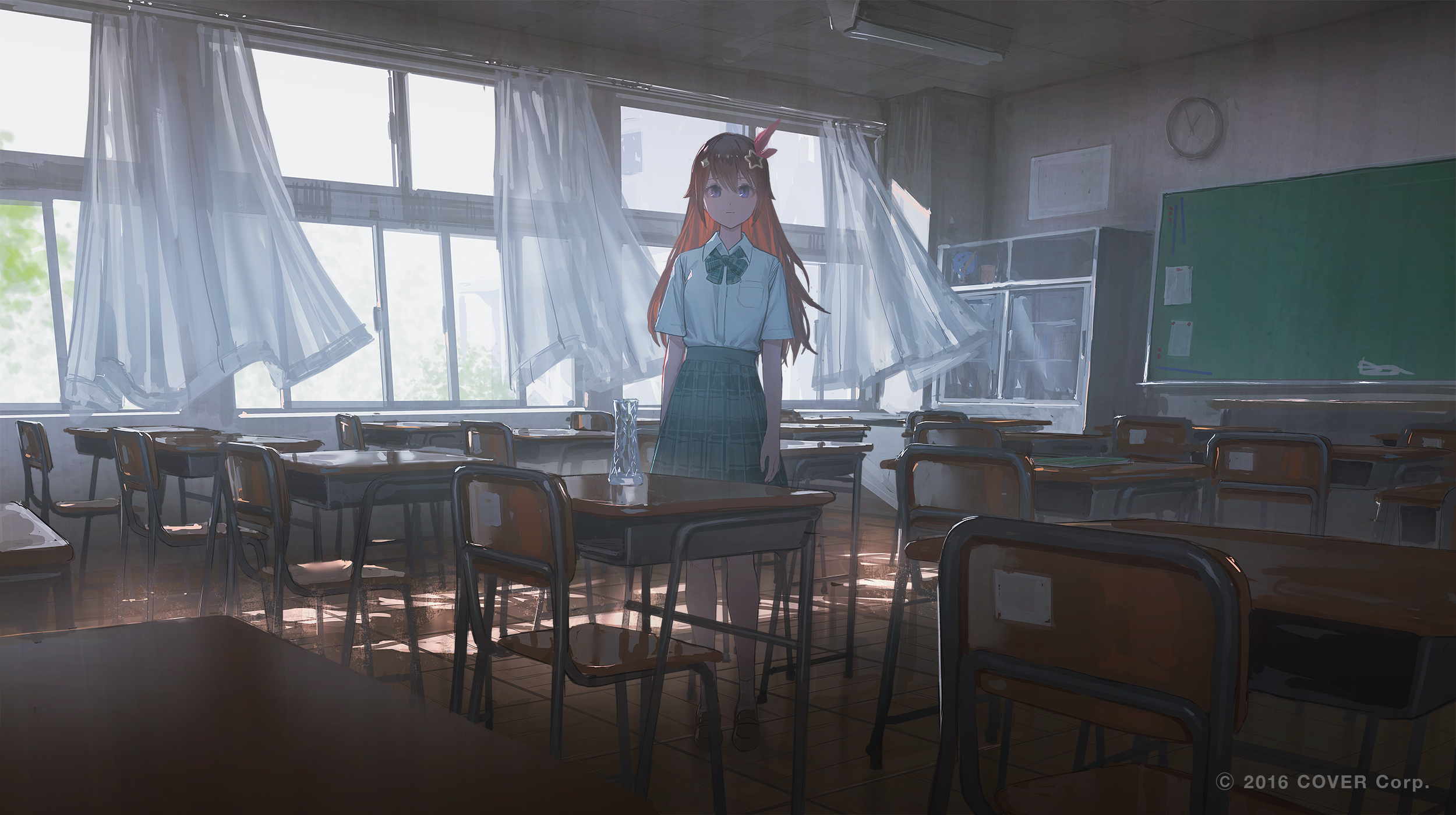 Anime 2500x1399 classroom Reoen morning curtains school uniform brunette