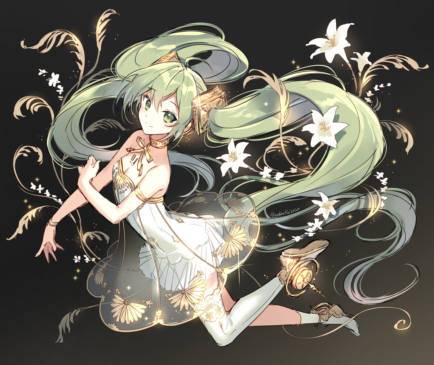 Anime 1400x1180 Nardack artwork anime girls Vocaloid Hatsune Miku dress green hair twintails green eyes smiling
