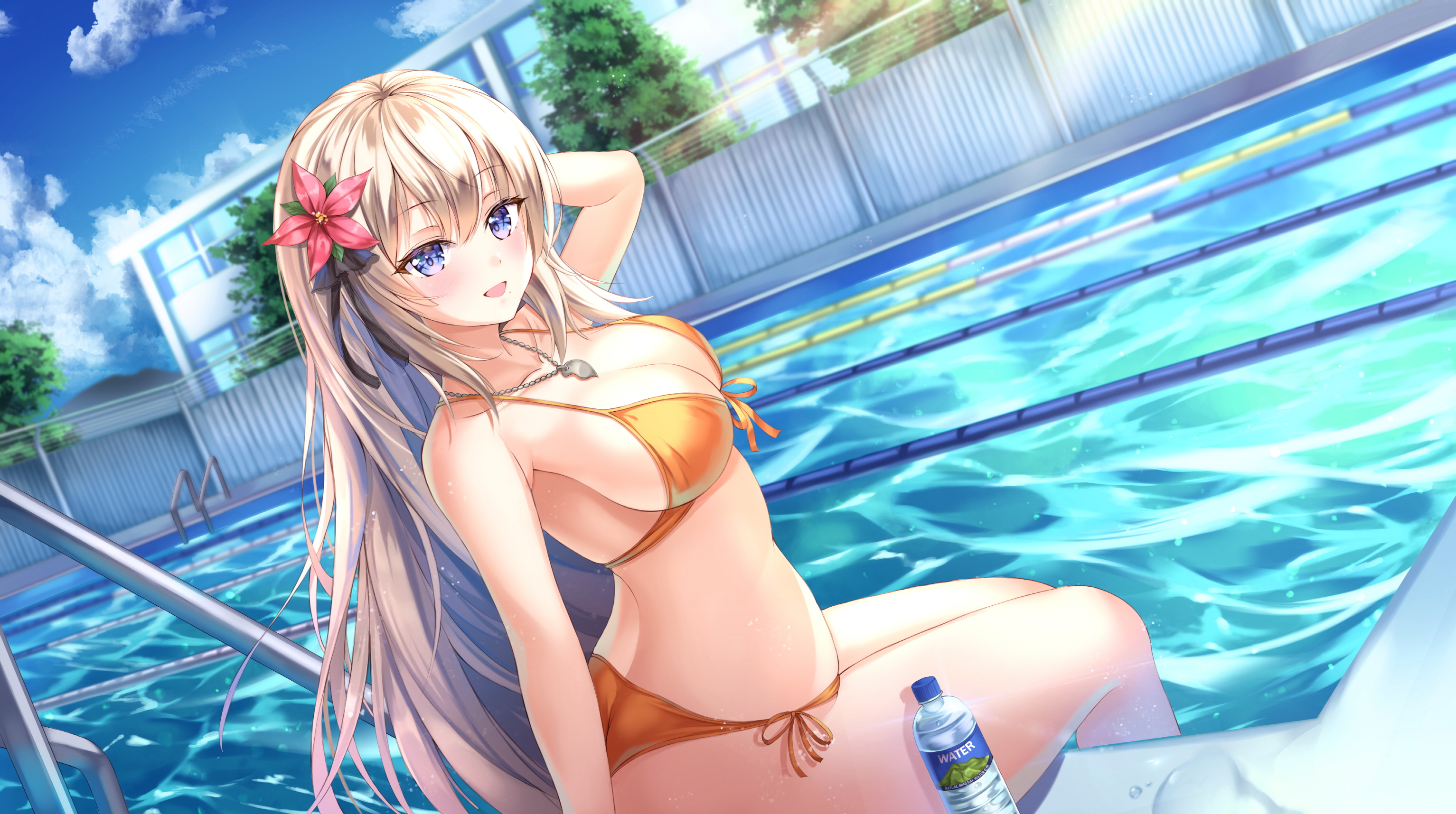 Anime 3067x1716 Bnari anime anime girls bikini swimming pool sideboob big boobs long hair blonde blue eyes