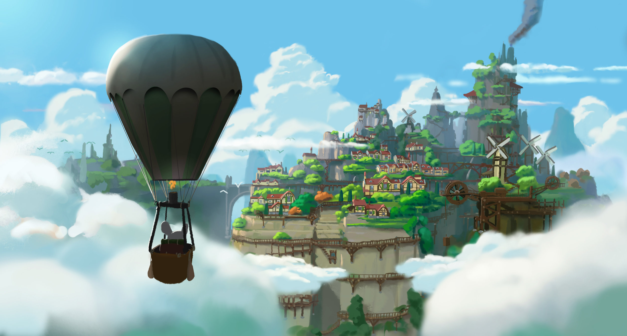 General 2500x1339 Ryo Yambe rodent trees hot air balloons clouds windmill house chimneys mice Anthro digital art