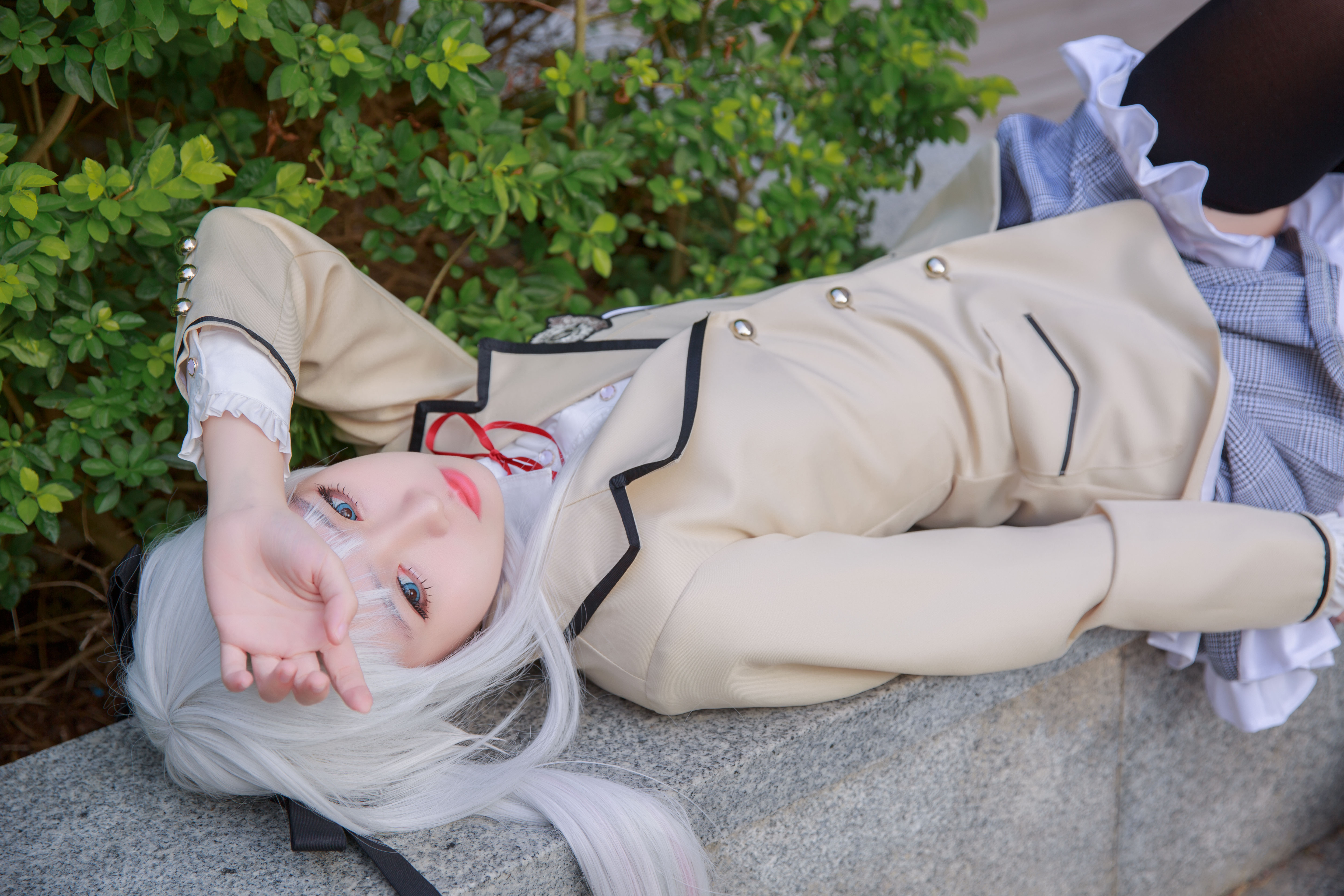 People 5760x3840 Asian cosplay school uniform lying on back women women outdoors white hair twintails looking at viewer pale