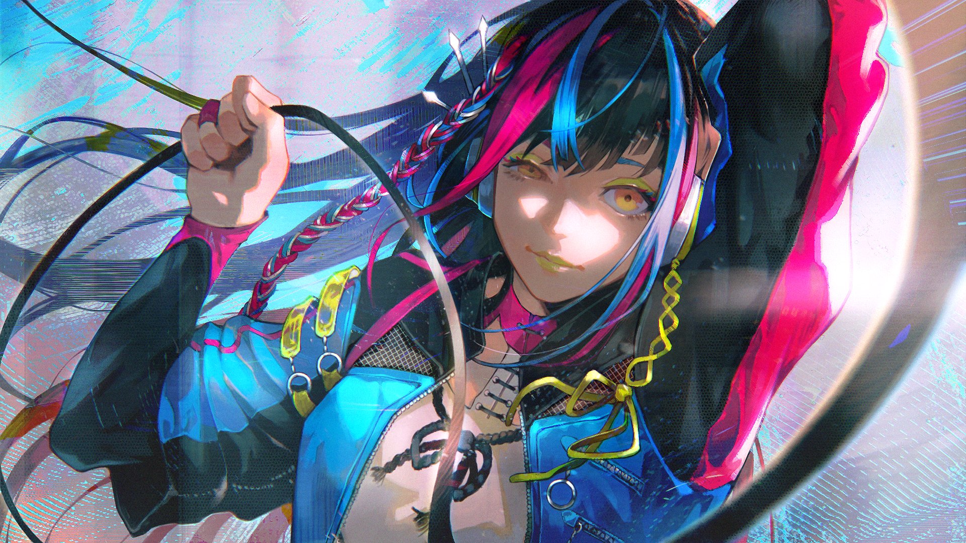 Anime 1920x1080 anime anime girls harusaruhi yellow eyes long hair looking at viewer ribbon rings jacket headphones lipstick wires multi-colored hair 9bamelo blue
