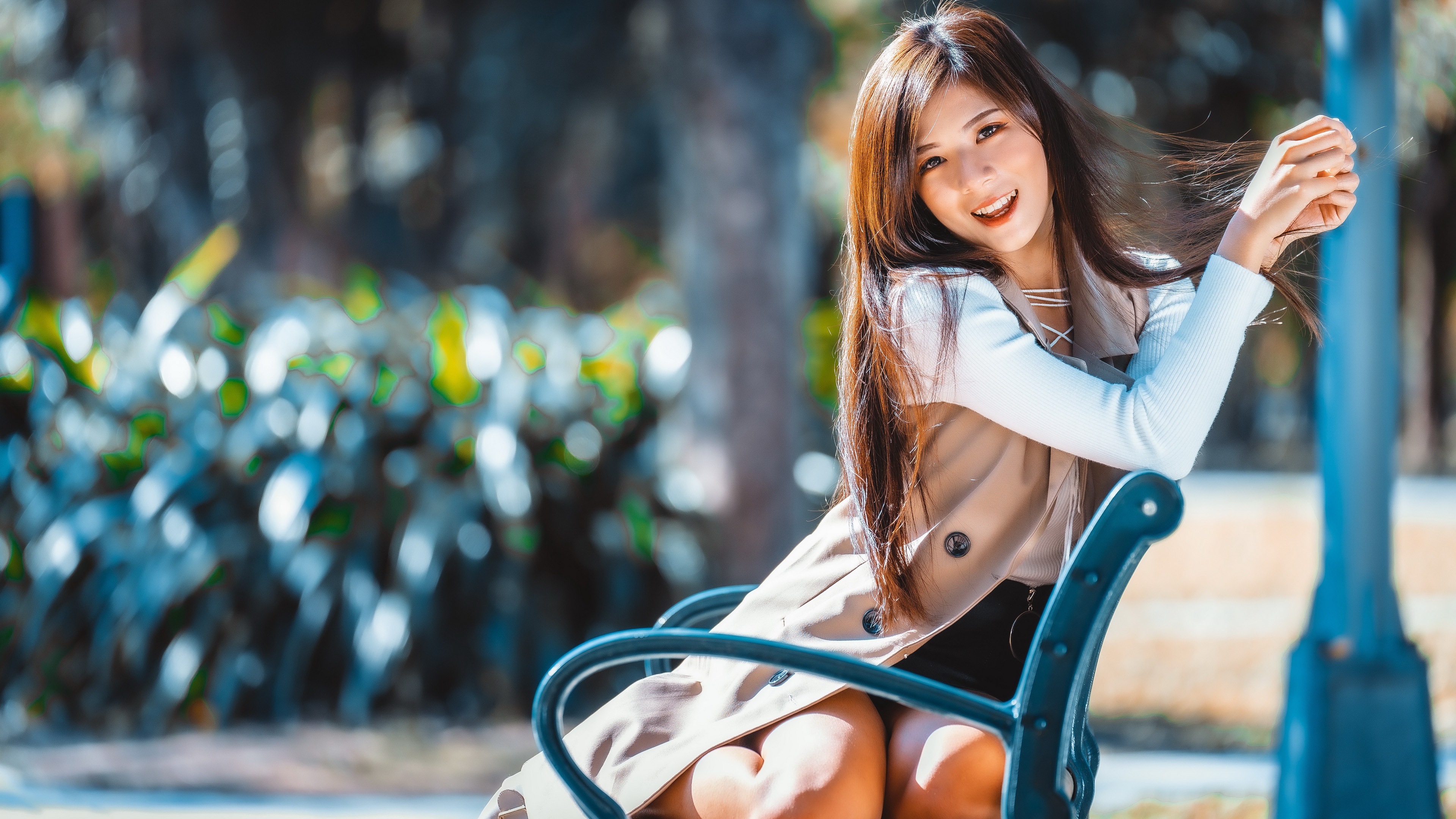 People 3840x2160 Asian women model happy smiling bench women outdoors looking at viewer